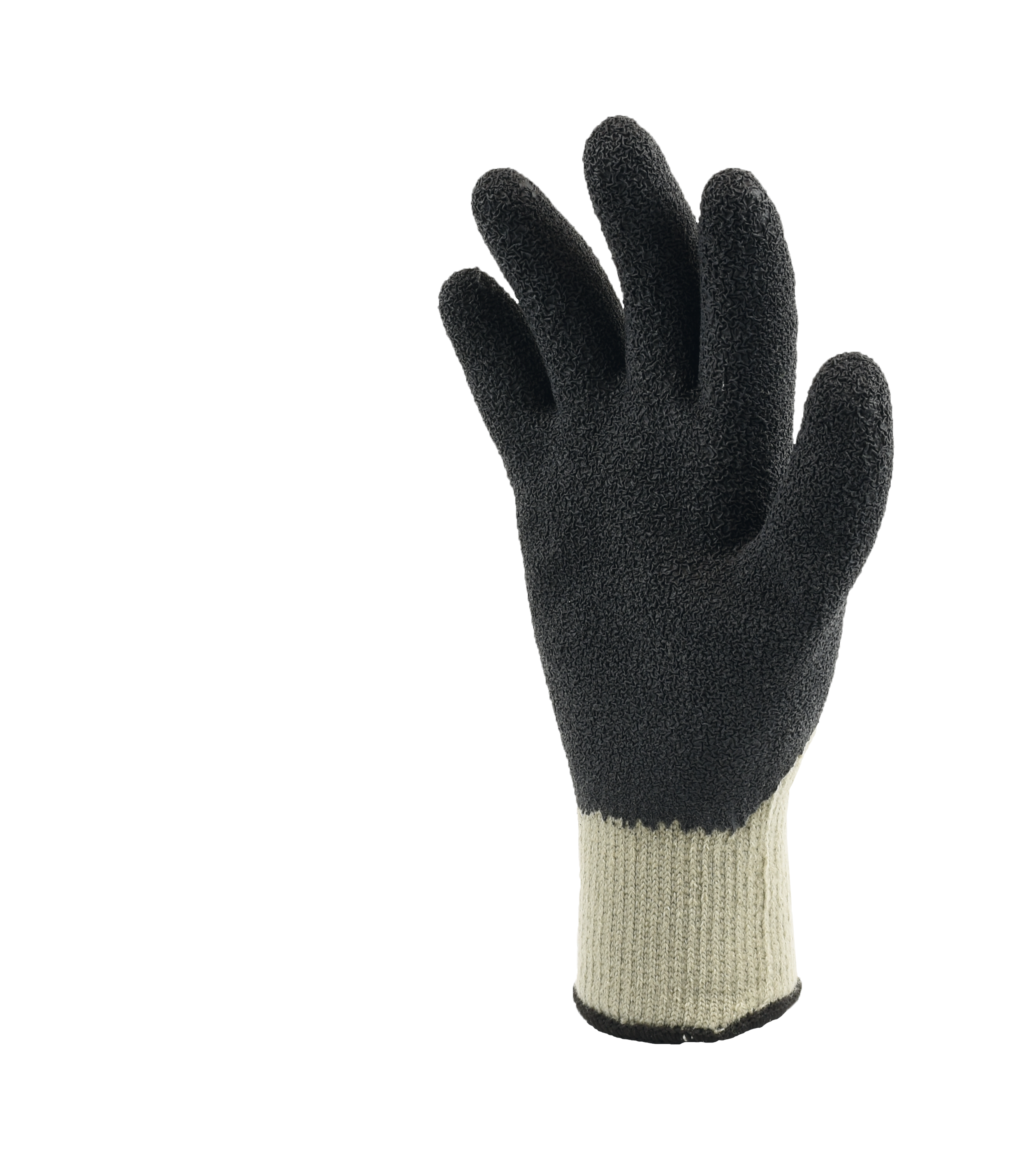 Schwarzer Arbeitshandschuh mit angerauter Latexbeschichtung und beige-grauem Strickbund für festen Halt und Wärmeisolierung.