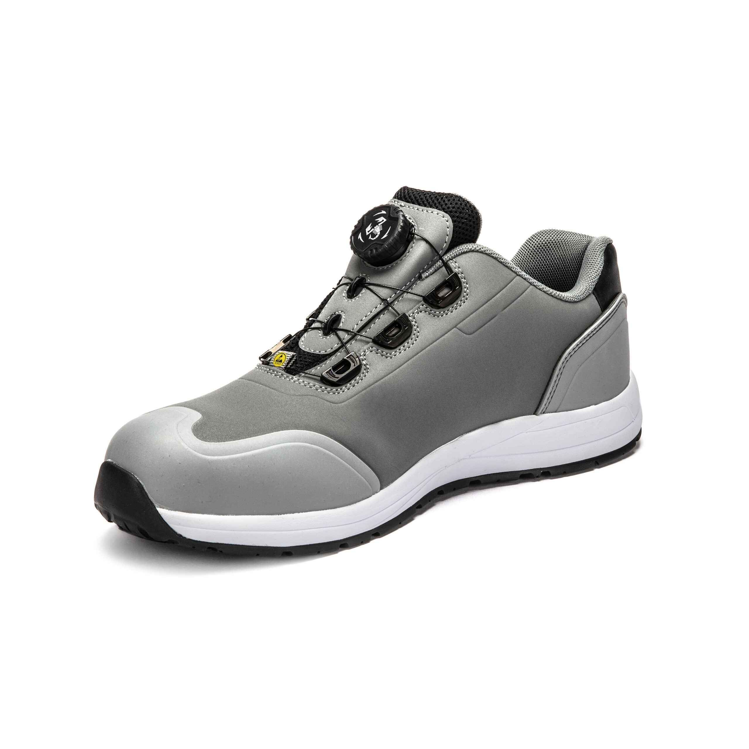 Seitliche Ansicht eines grauen ABARTH Sicherheitsschuhs mit schwarzem Drehverschluss-System, schwarzer Zunge und weißer Sohle.