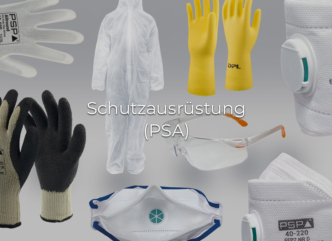 Verschiedene PSA-Produkte (persönliche Schutzausrüstung) der Marke PSP: Arbeitshandschuhe, Einwegoverall, gelbe Gummihandschuhe, Schutzbrille und Atemschutzmasken. In der Bildmitte steht der Schriftzug „Schutzausrüstung (PSA)“.