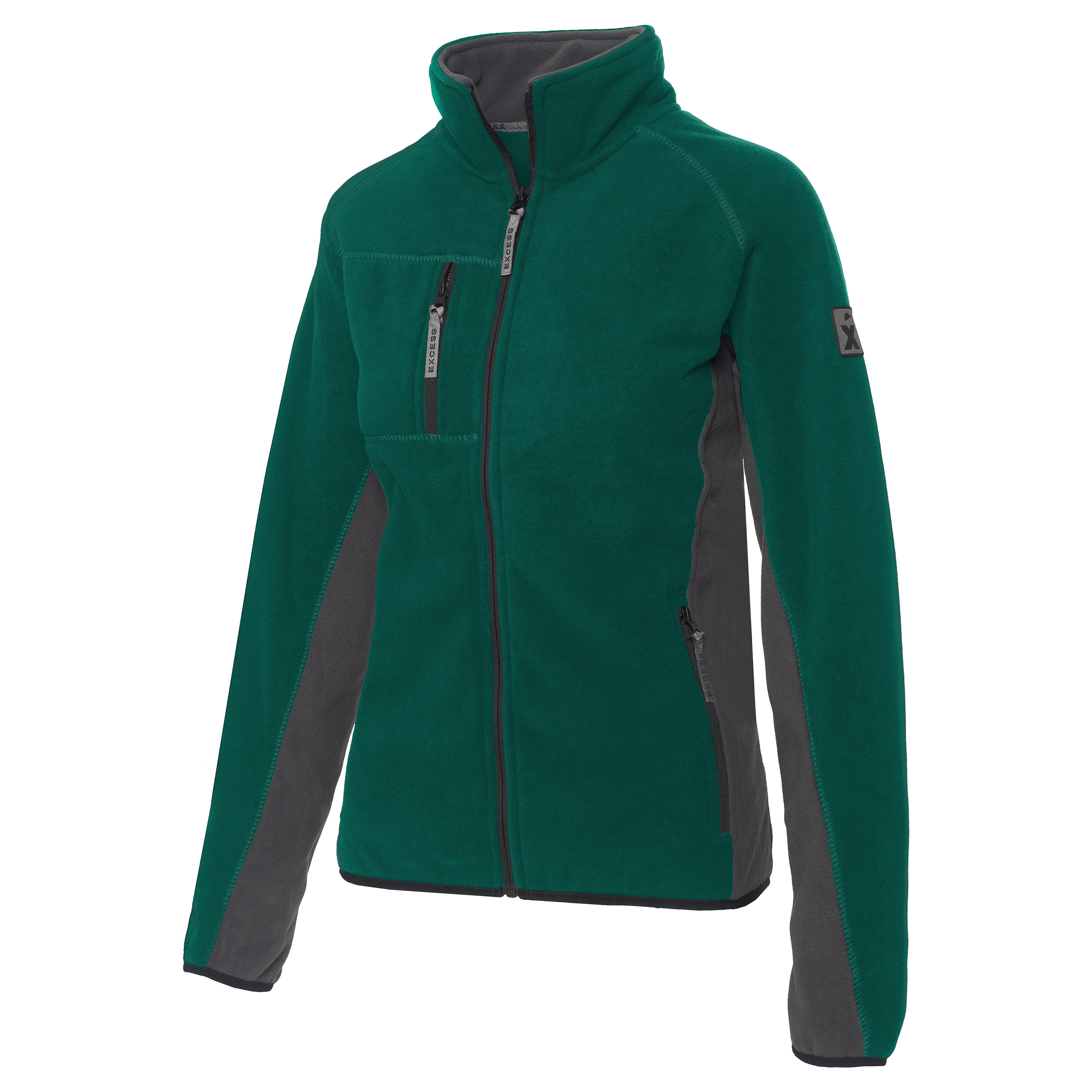 Excess Workwear Fleecejacke in Grün mit grauen Einsätzen, Reißverschluss, Brusttasche und sportlichem Schnitt.