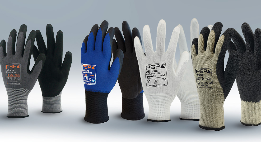 Mehrere Arbeitshandschuhe der Marke PSP in verschiedenen Farben und Materialien, aufrecht nebeneinander präsentiert vor neutralem Hintergrund.