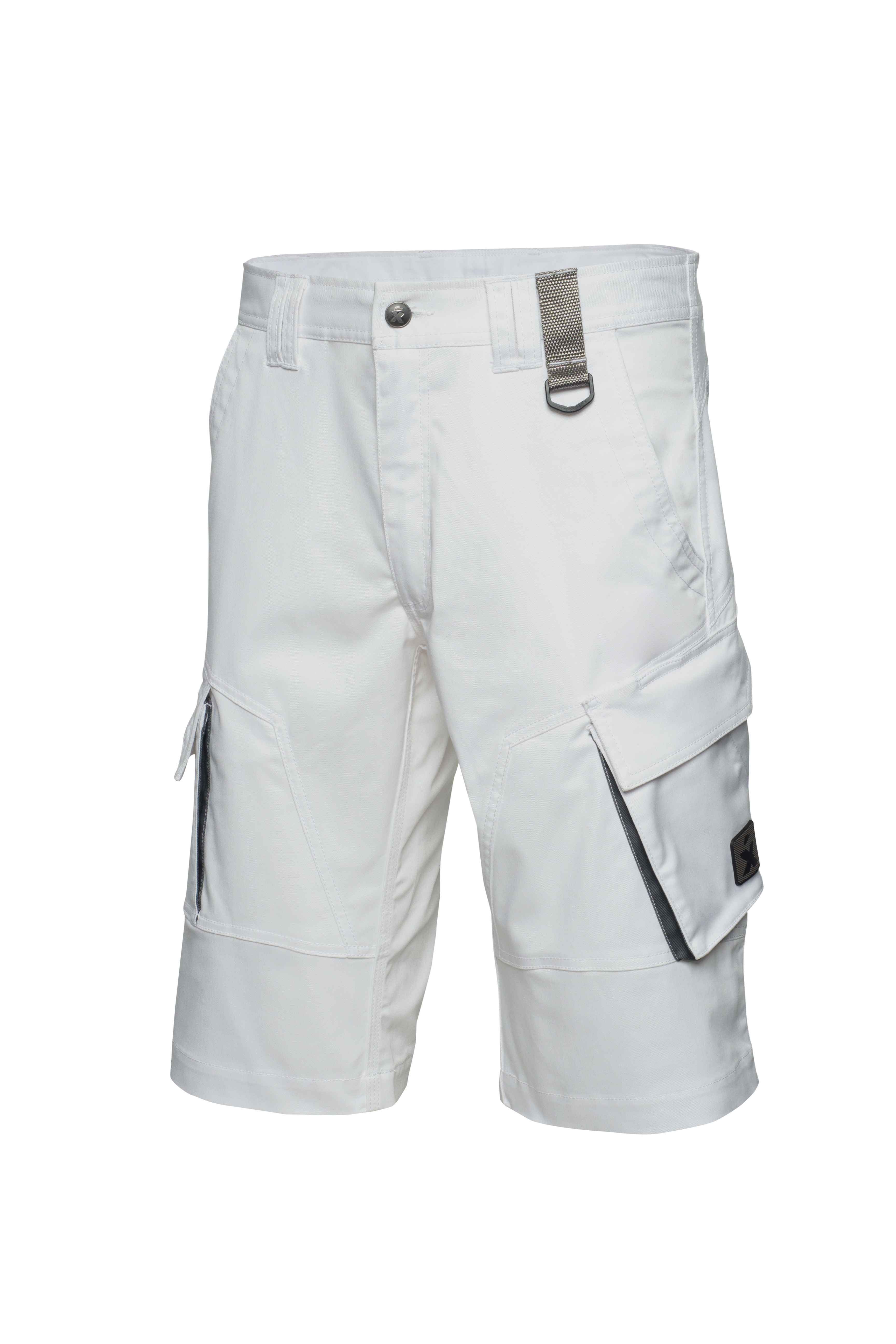 Weiße Arbeitsbermuda mit praktischen Cargotaschen und Schlaufe – strapazierfähige Shorts für Handwerk und Malerarbeiten.