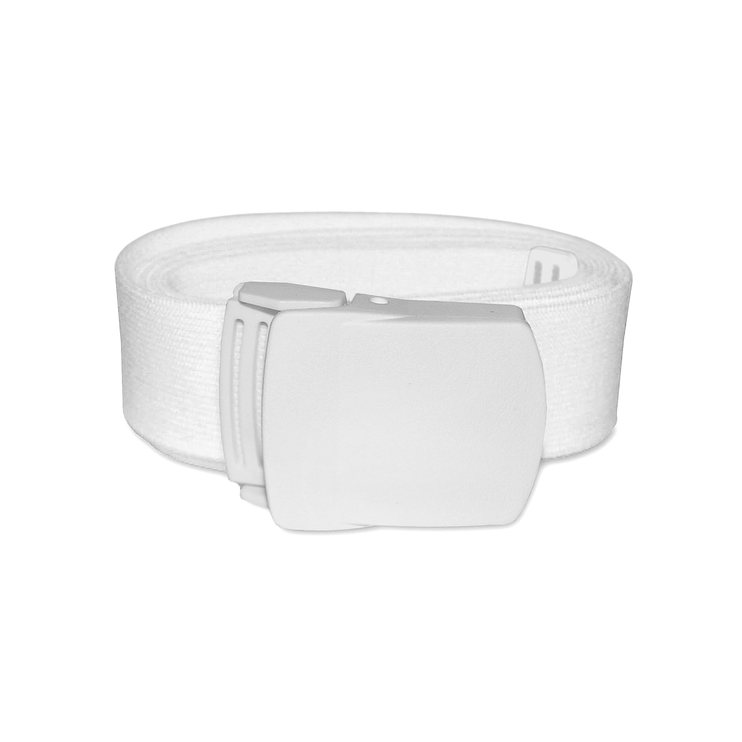 Weißer Gürtel mit dauerhafter Elastizität und Kunststoffschnalle.