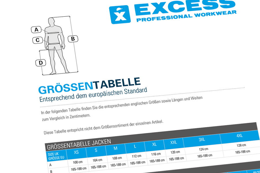 Ausschnitt einer Größentabelle der Marke Excess Professional Workwear mit Logo, Maßskizze einer Person und Tabelle für Jackengrößen nach europäischem Standard.