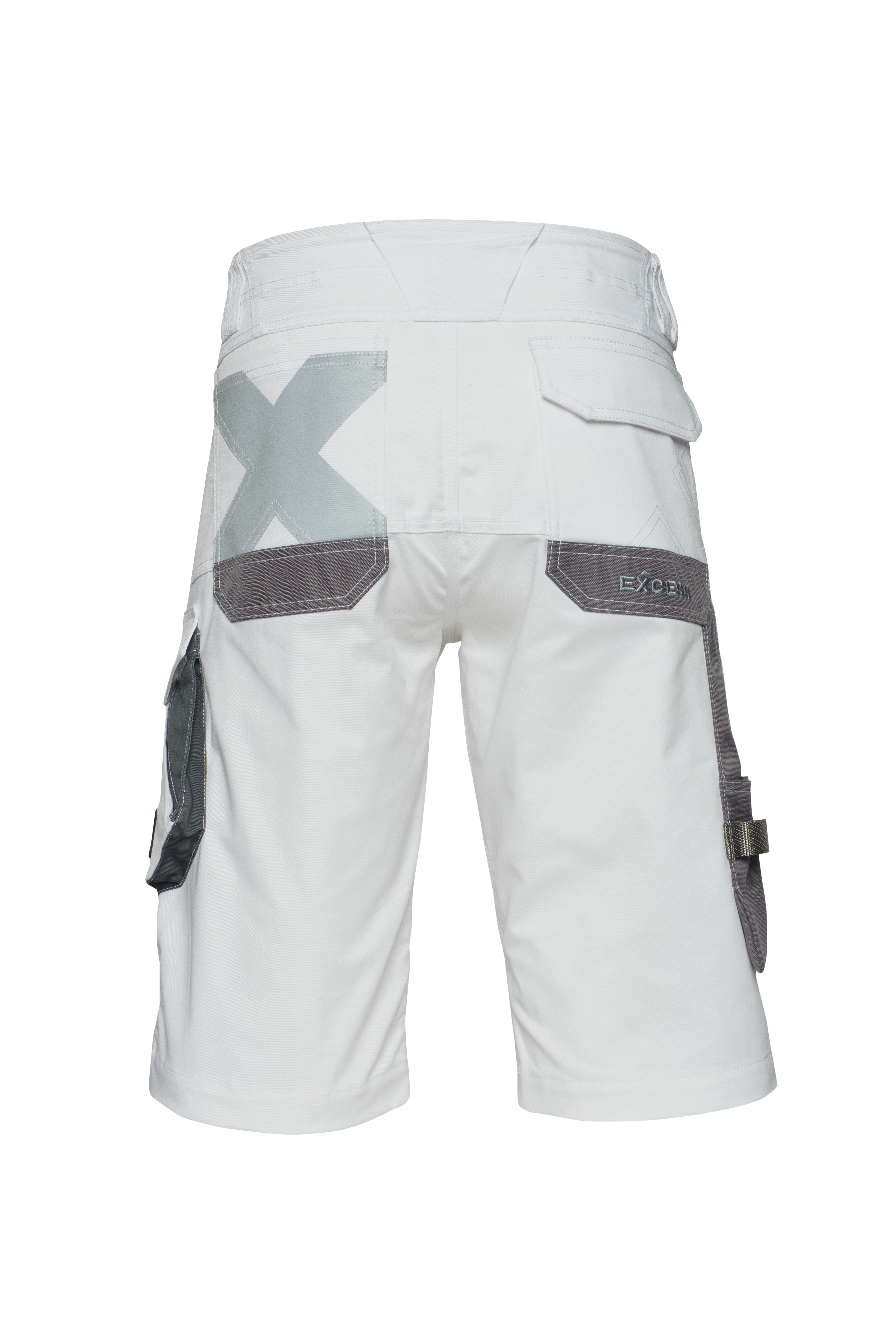 Weiße Arbeitsbermuda mit grauen Gesäßtaschen und Cargotaschen – strapazierfähige Handwerkershorts für Maler und Bauarbeiten.