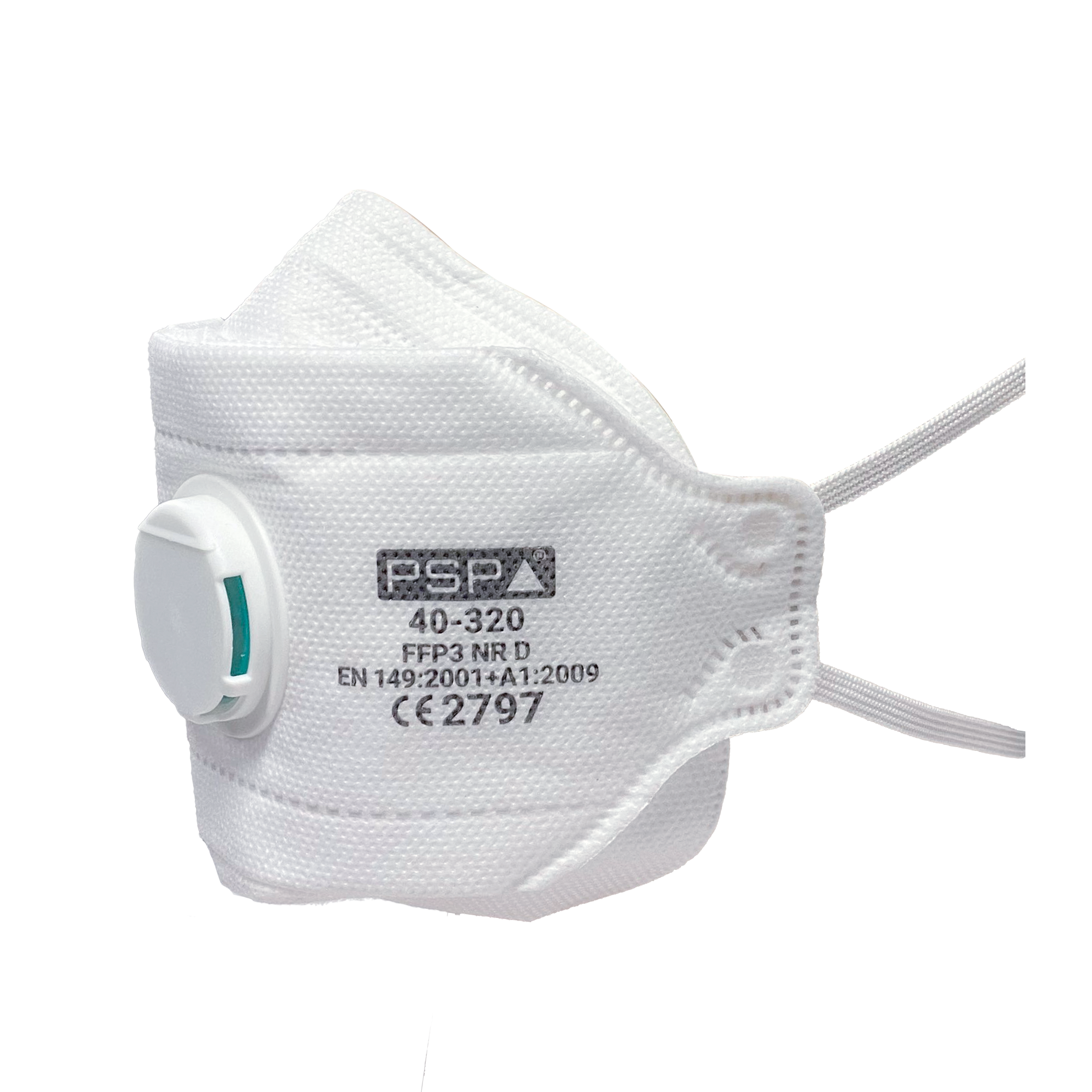 Weiße FFP3 Atemschutzmaske PSP-40-320 mit Ausatemventil, elastischen Bändern und CE-Zertifizierung nach EN 149.