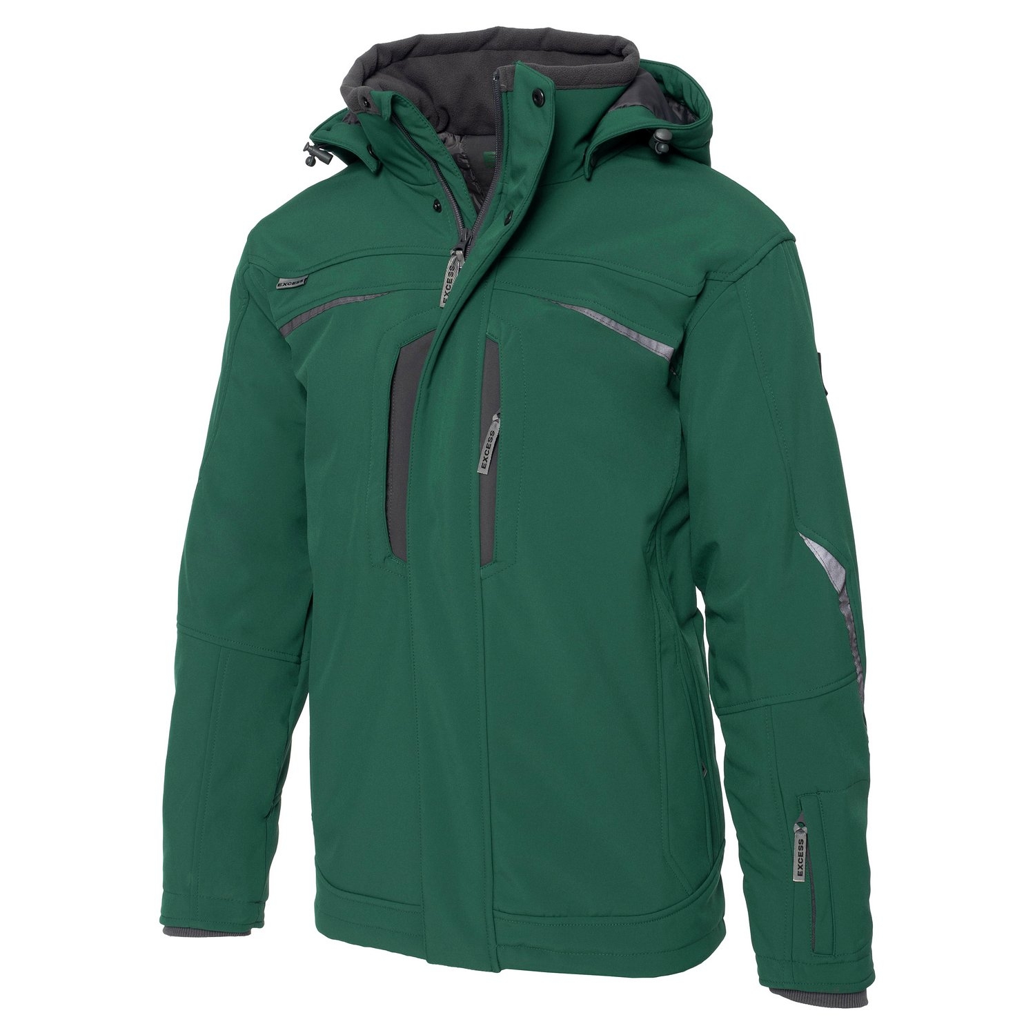 Softshell Winterjacke Grün mit abnehmbarer Kapuze, Reißverschlusstaschen und Reflexstreifen, wetterfest und winddicht.