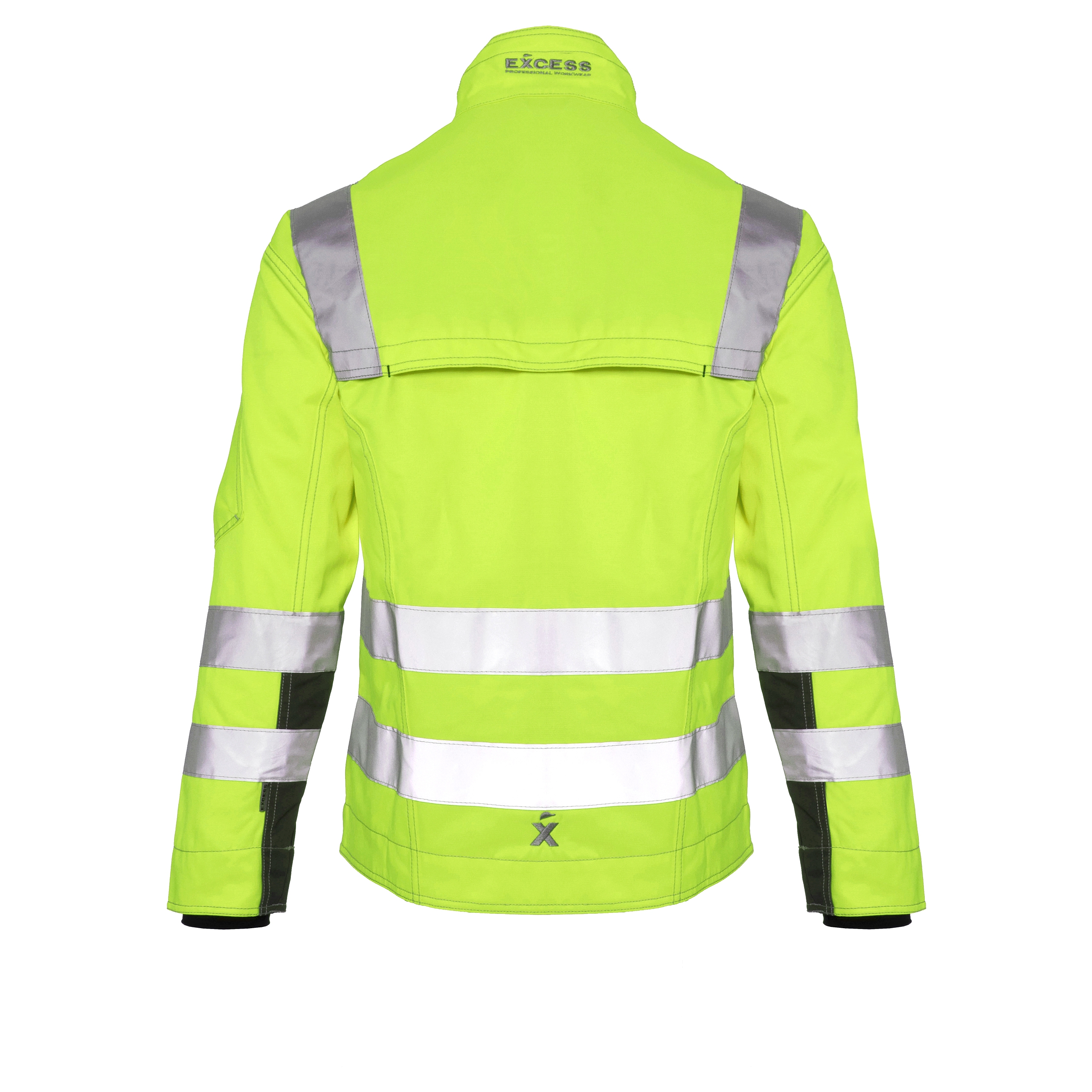 Rückansicht einer leuchtend gelben Warnschutzjacke mit silbernen Reflexstreifen, Stehkragen und schwarzen Besätzen.