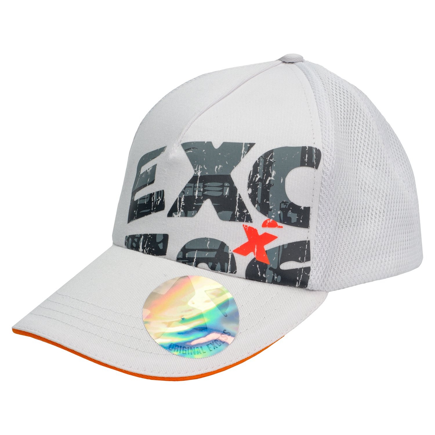 Excess Workwear Cap in Weiß mit großem EXC-Logo-Print, Mesh-Einsatz hinten und rundem Original Excess Sticker.
