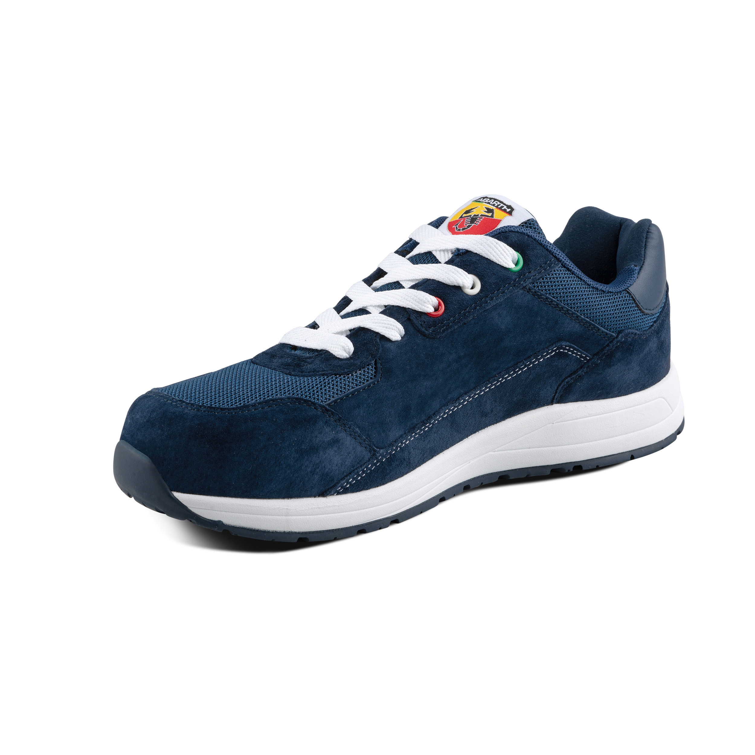Moderner Abarth Sicherheitsschuh in Blau mit weißer Laufsohle, weißen Schnürsenkeln und sportlichem Sneaker-Design.