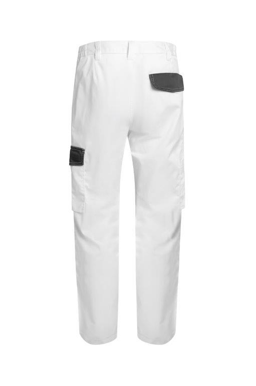 Rückseite einer weißen Arbeitshose von Excess mit grauen Kontrasttaschen an Gesäß und Seite, geradem Schnitt und robustem Material, geeignet für Handwerk und Arbeitsalltag.