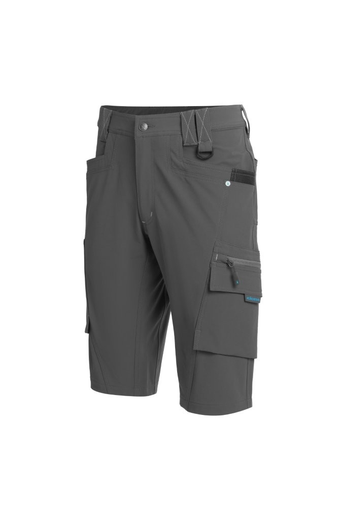 Graue Arbeitsbermuda mit praktischen Cargotaschen und robustem Design – funktionale Handwerkershorts für Bau und Montage.