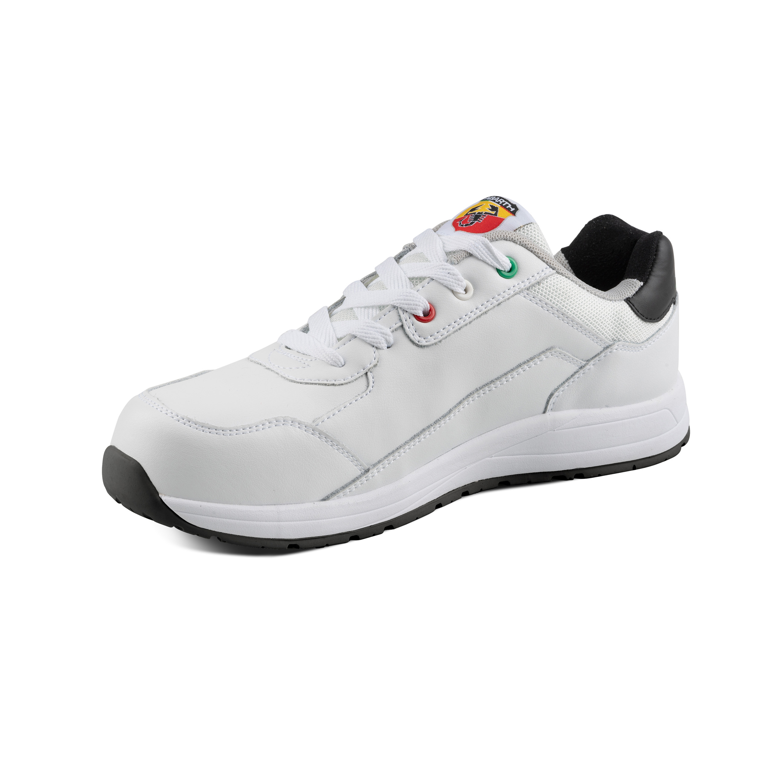 Seitenansicht eines weißen Abarth Sicherheitsschuhs mit schwarzer Ferse, abriebfester Sohle und sportlicher Schnürung.