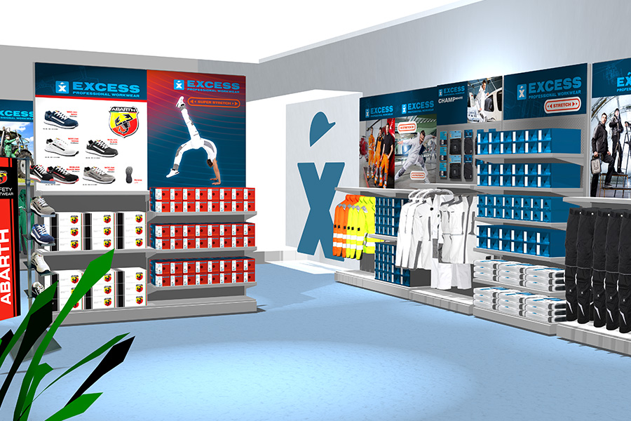 Verkaufsraum mit Regalen voller Arbeitskleidung und Zubehör der Marke Excess Professional Workwear. An den Wänden hängen Werbetafeln mit Produktbildern und Logos von Excess und Abarth.