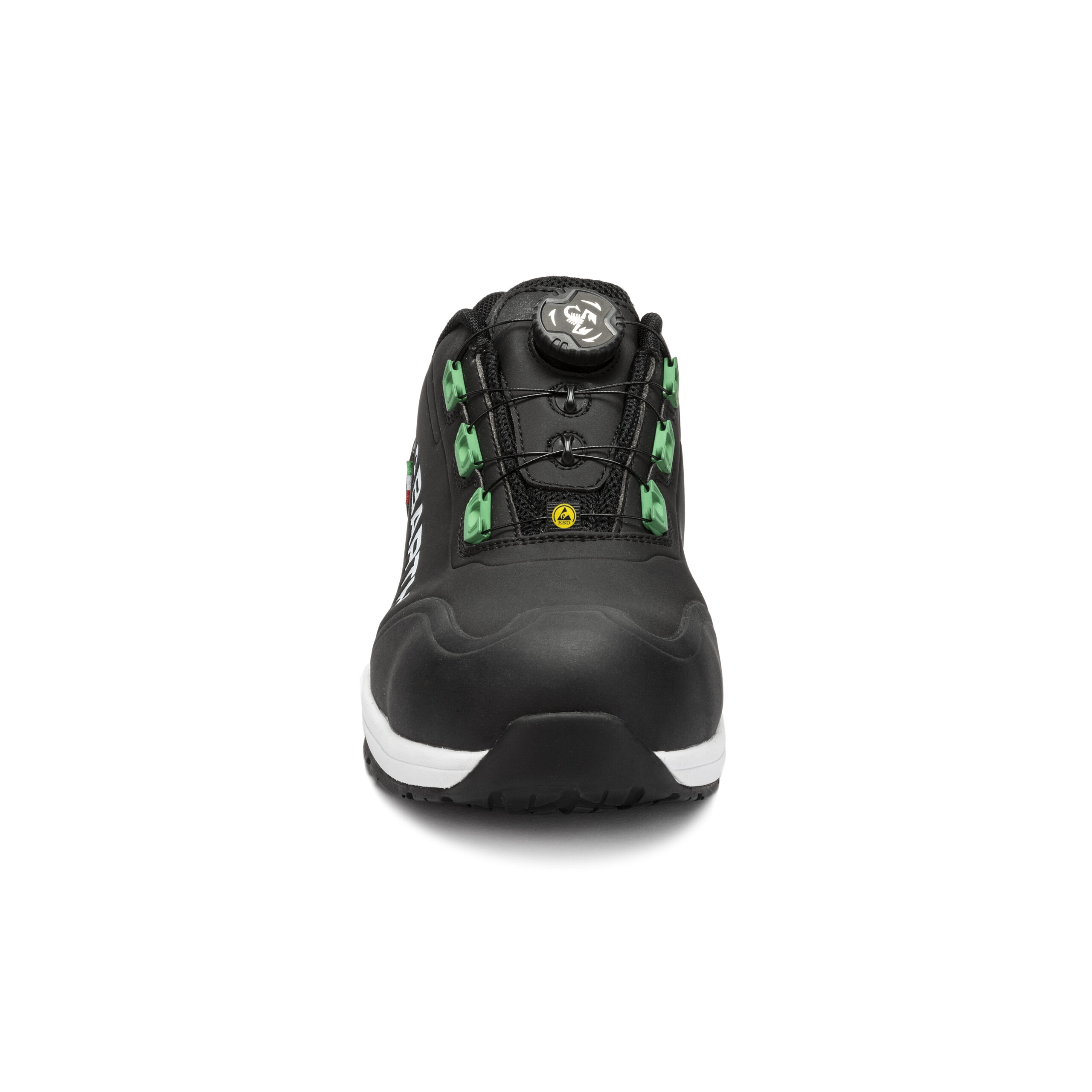 Vorderansicht eines niedrigen schwarzen ABARTH Sicherheitsschuhs mit grünen Details, weißer Sohle und Drehverschluss.