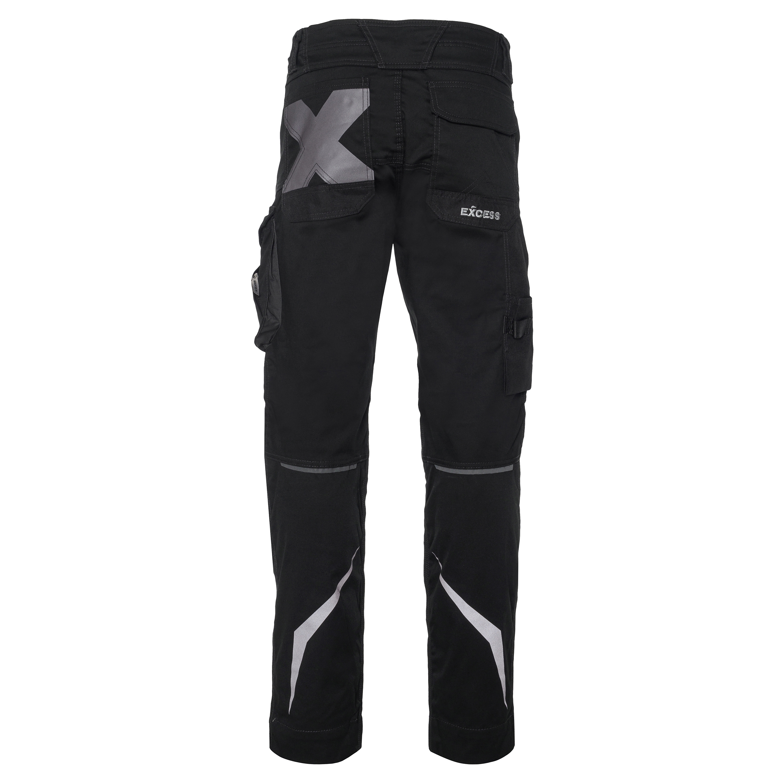 Rückansicht der schwarzen Arbeitshose von Excess mit auffälligem reflektierendem X-Design auf der Gesäßtasche, seitlichen Cargotaschen und reflektierenden Elementen an den Beinen für bessere Sichtbarkeit.
