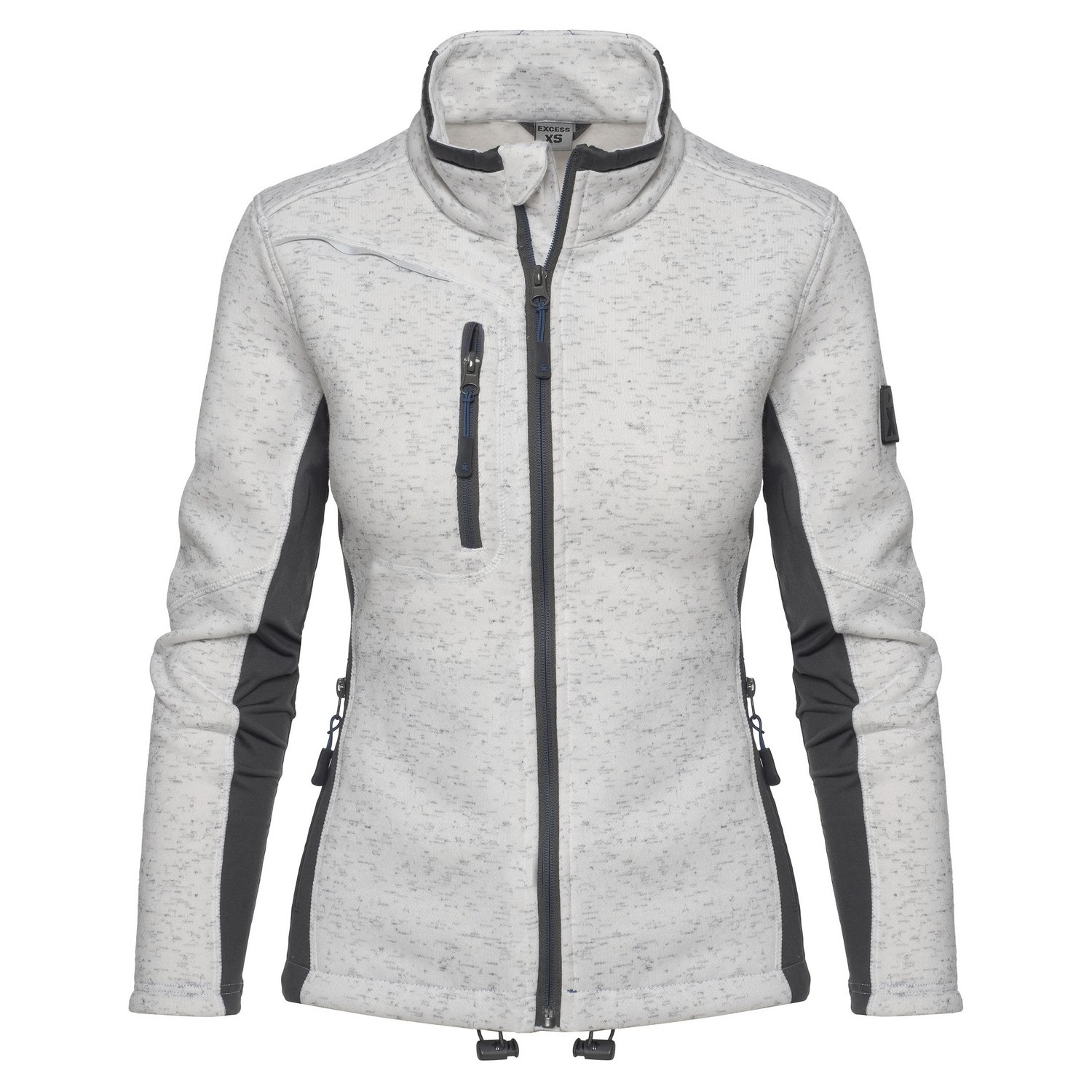 Excess Workwear Damen-Sweatjacke weiß-meliert mit grauen Einsätzen, sportlicher Schnitt, Reißverschlusstaschen und Stehkragen.