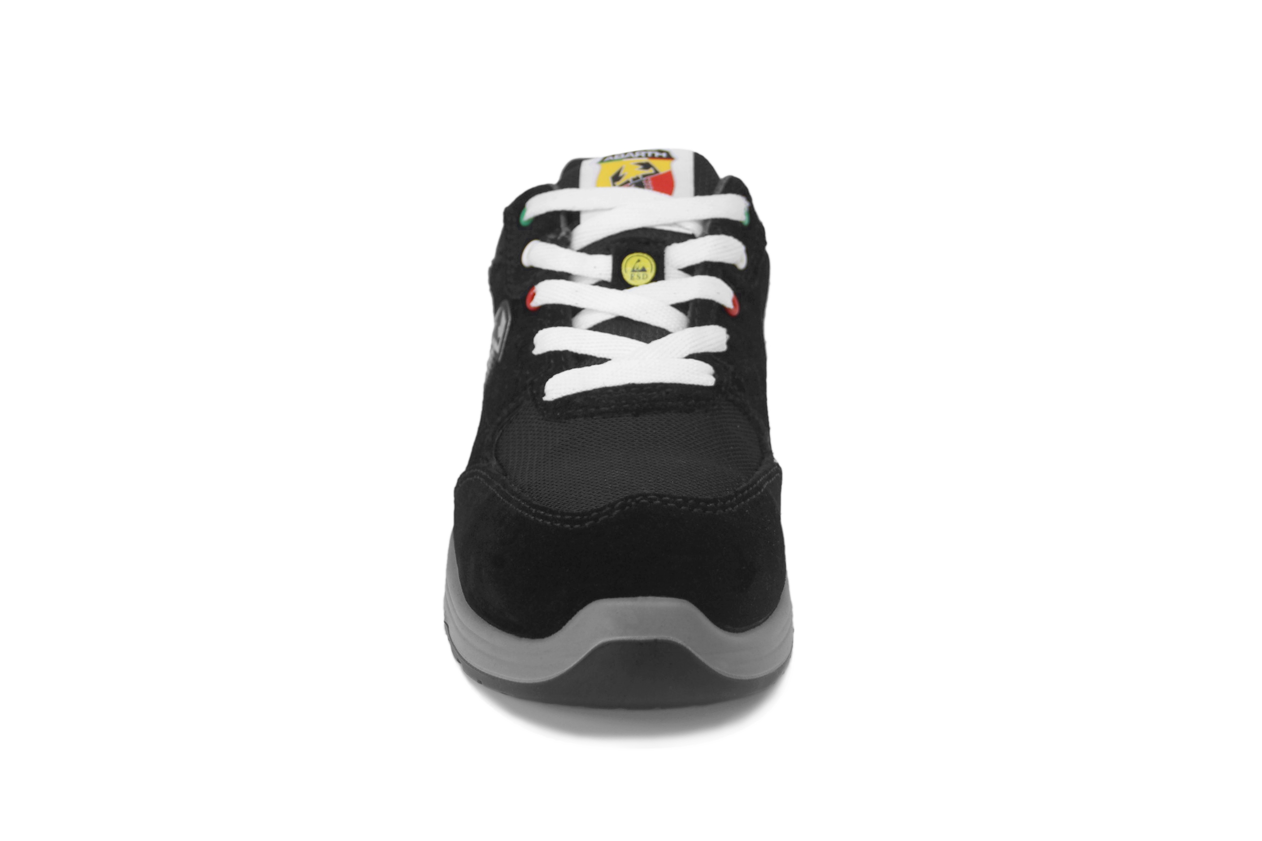 ABARTH Sicherheitsschuh Vorderansicht, schwarz mit grauer Laufsohle und weißer Schnürung.