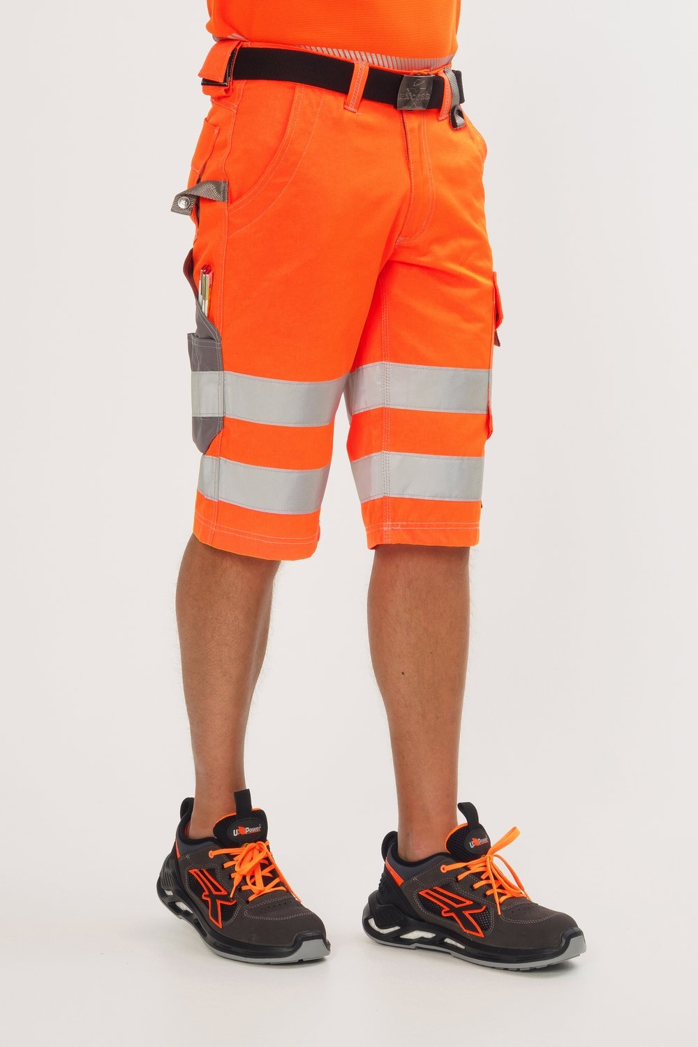 EXCESS Warnschutz-Bermuda orange mit Reflexstreifen, kurze Arbeitshose für Sommer, Bau und Handwerk.