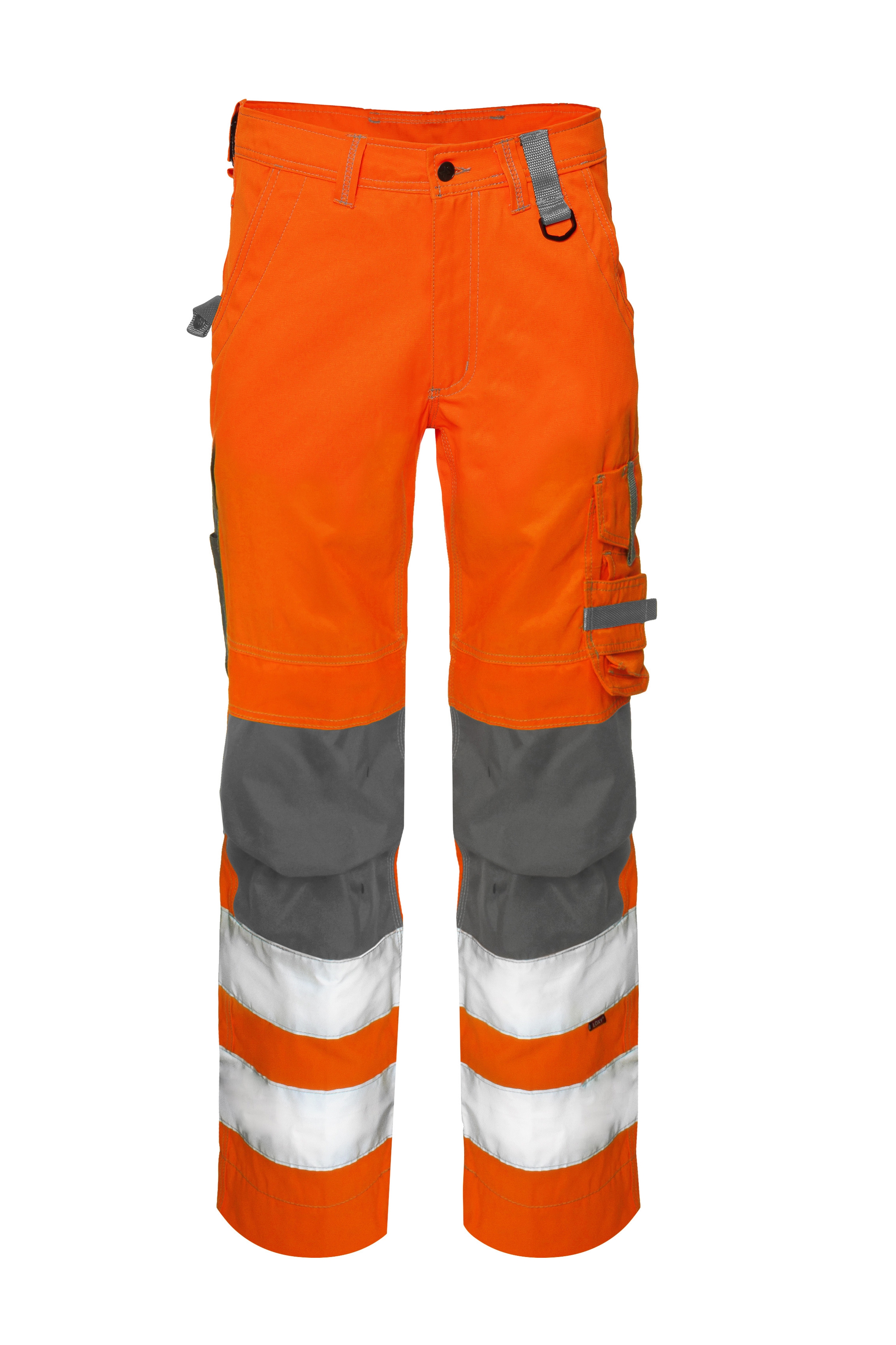 Warnschutzhose in Orange mit grauen Knieeinsätzen, silbernen Reflexstreifen und praktischen Seitentaschen