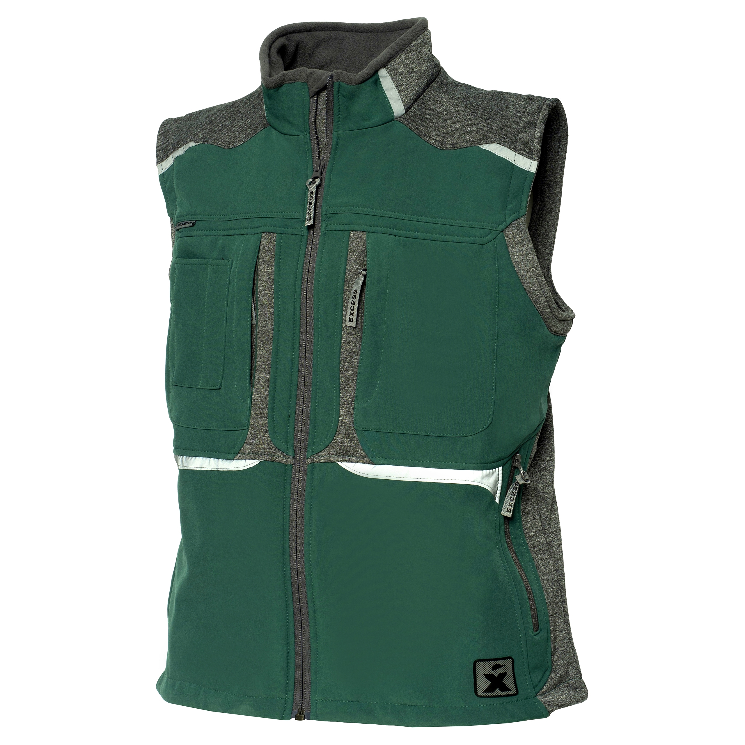 Ärmellose Softshell-Arbeitsweste von Excess in Grün mit grauen Schulter- und Seiteneinsätzen, hohem Kragen, mehreren Reißverschlusstaschen und reflektierenden Elementen für Arbeit und Outdoor.