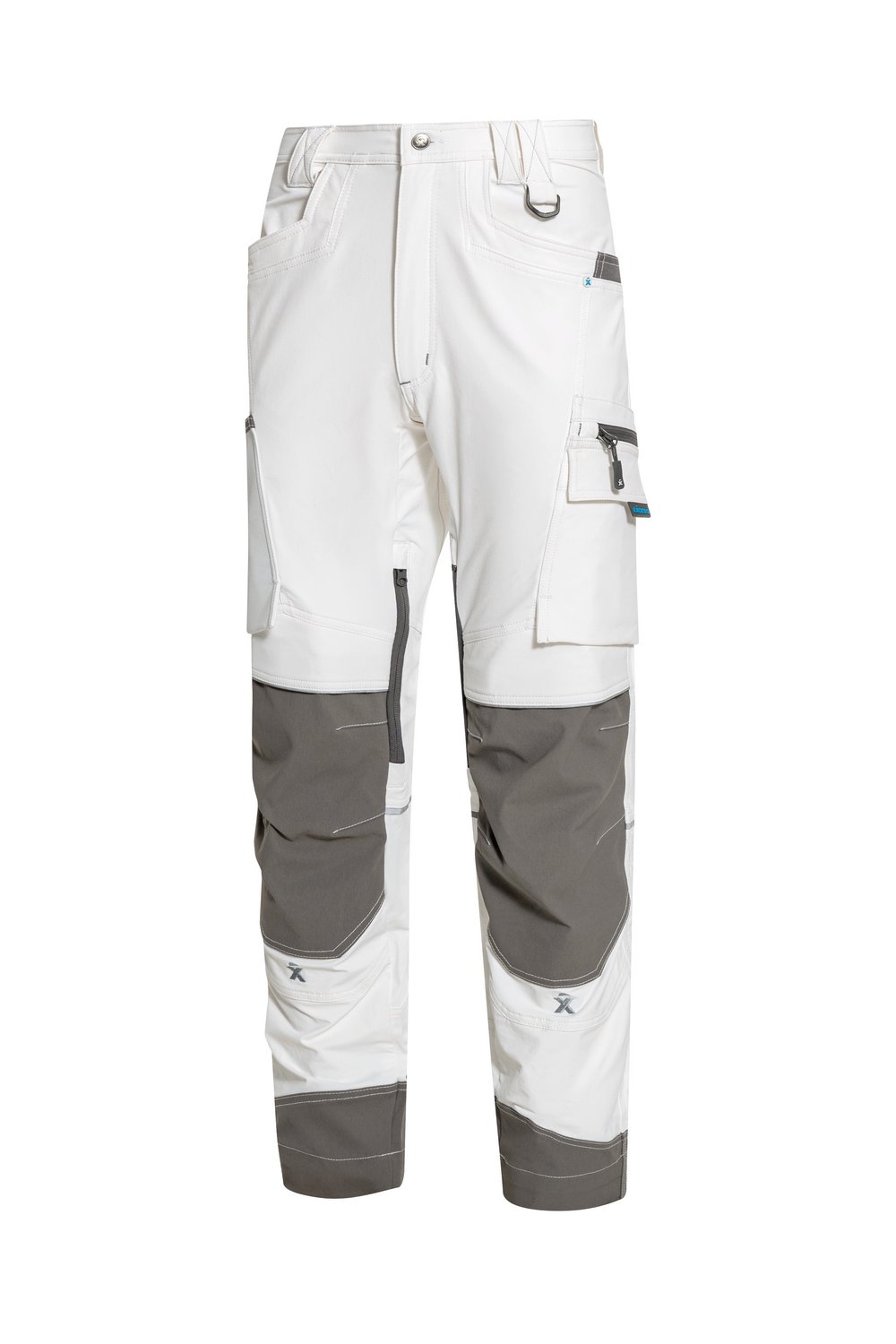 Robuste weiße Arbeitshose mit mehreren Taschen, Reißverschlüssen und verstärkten Knien, ausgestattet mit Reflektorstreifen und Schlaufen für Werkzeuge, ideal für Handwerker, Bauarbeiter und Outdoor-Einsätze.