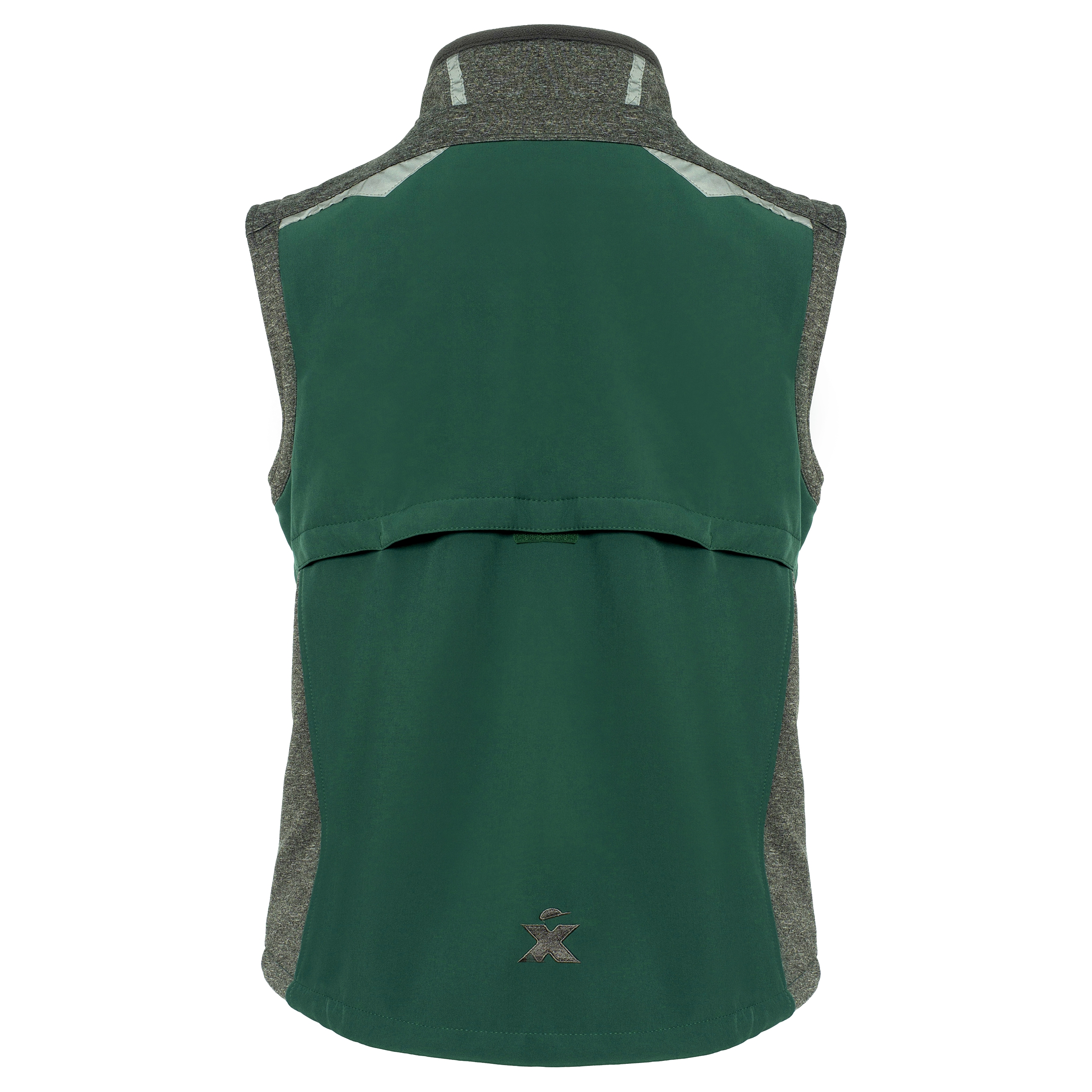 Excess Softshell-Arbeitsweste grün grau – Rückseite mit Belüftungseinsatz und reflektierendem Logo.