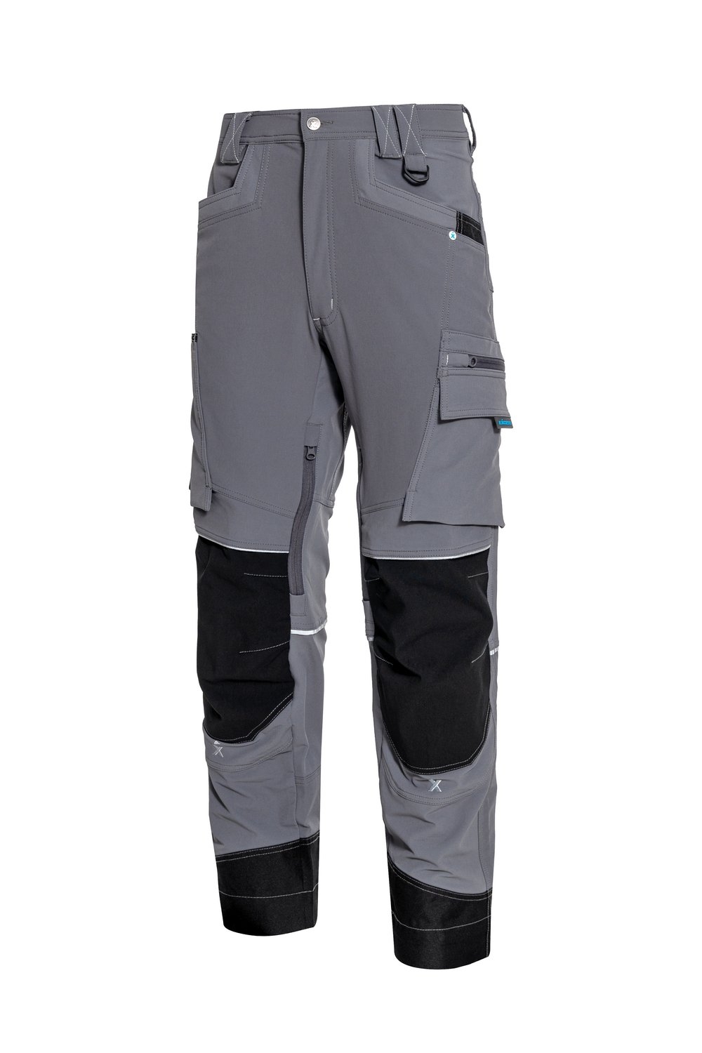 Graue Stretch-Arbeitshose mit verstärkten Knien, Cargotaschen und Reflektorstreifen – robuste Arbeitshose für Handwerk und Bau.
