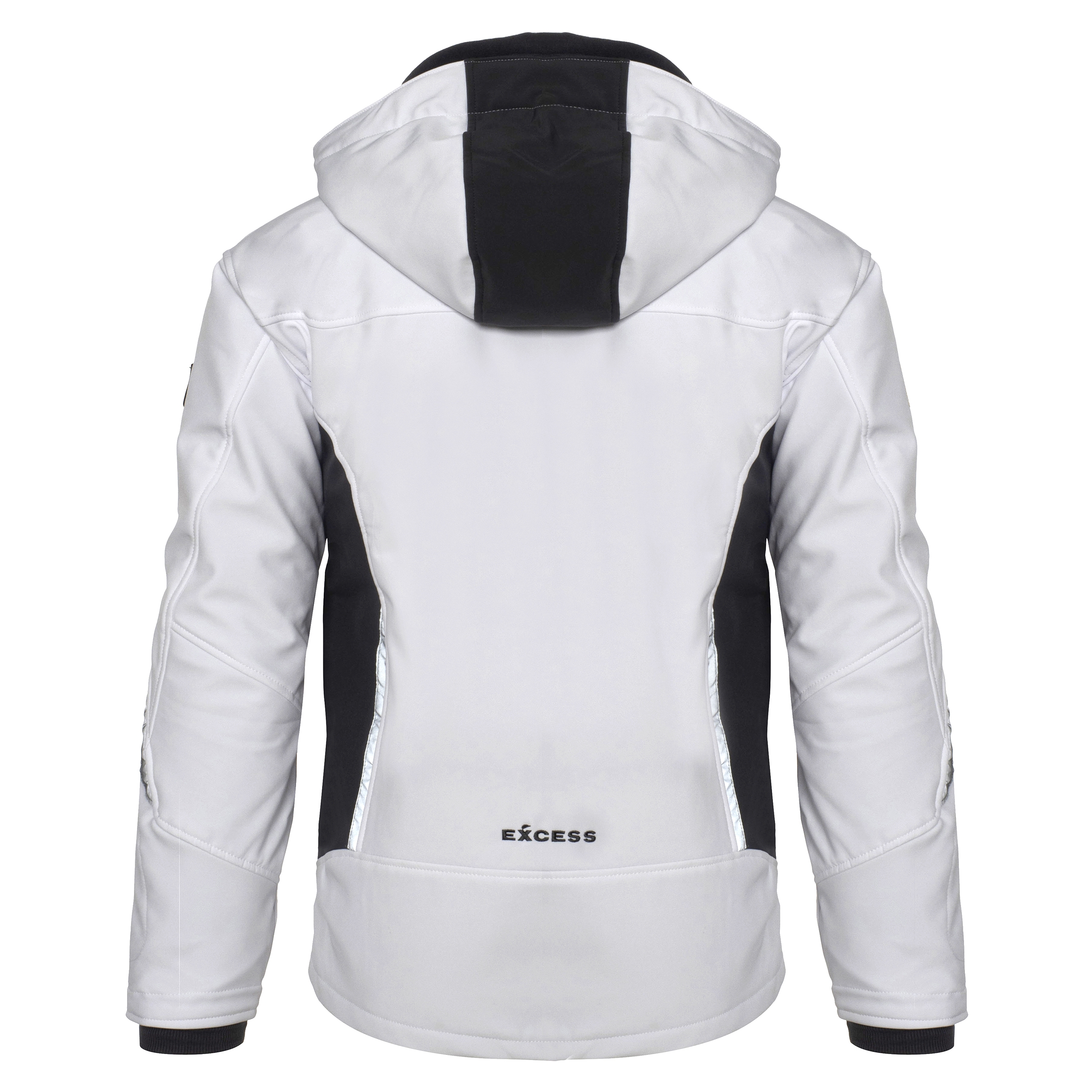 Rückansicht Excess Workwear Softshelljacke in Weiß mit Kapuze, schwarzen Einsätzen, Reflexdetails und Reißverschlusstaschen.