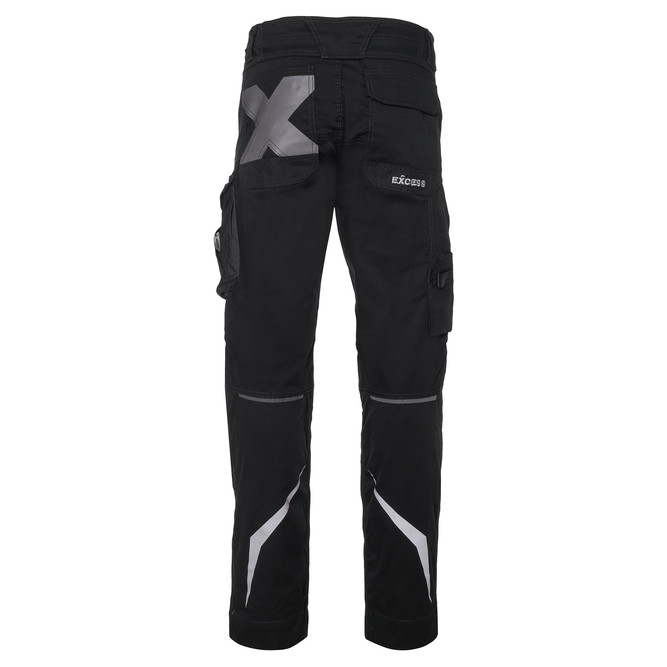Rückansicht der schwarzen Arbeitshose von Excess mit auffälligem reflektierendem X-Design auf der Gesäßtasche, seitlichen Cargotaschen und reflektierenden Elementen an den Beinen für bessere Sichtbarkeit.