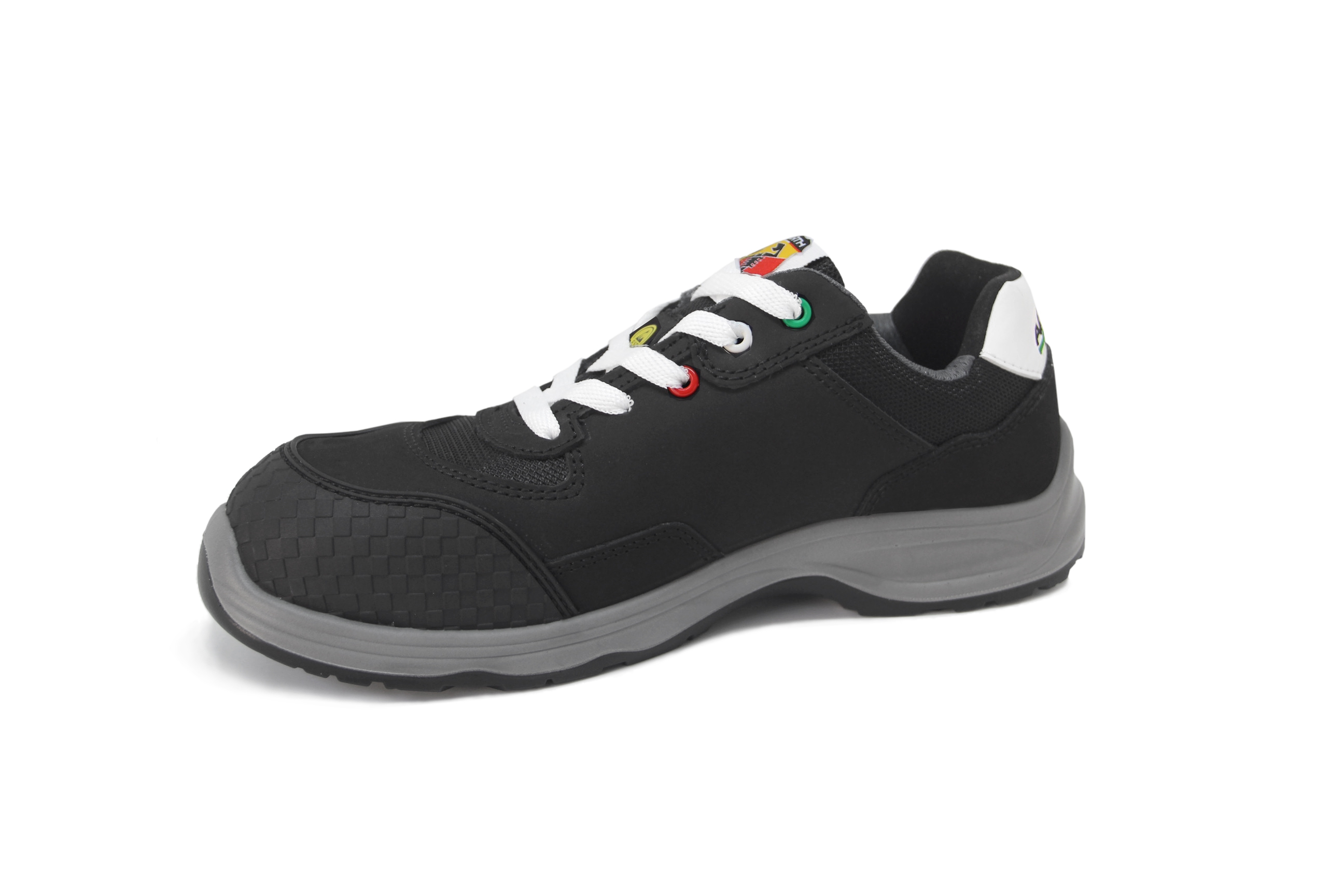 ABARTH Sicherheitsschuh schwarz mit grauer Laufsohle, weißen Schnürsenkeln und Logo-Details.