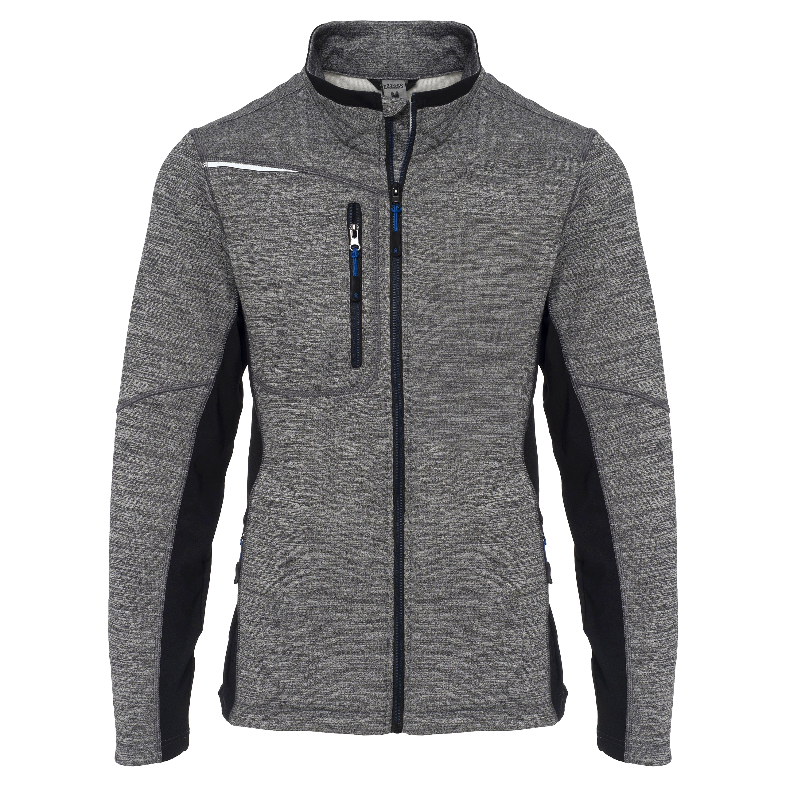 Excess Workwear Sweatjacke grau-meliert mit schwarzen Einsätzen, sportlicher Schnitt, Reißverschlusstaschen und Stehkragen.