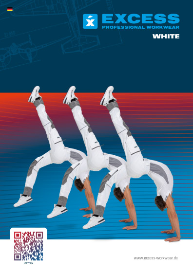Werbeposter der Marke Excess Professional Workwear mit drei Männern in weiß-grauer Arbeitskleidung, die Handstände ausführen. Der Hintergrund ist blau-rot mit dem Schriftzug „WHITE“.