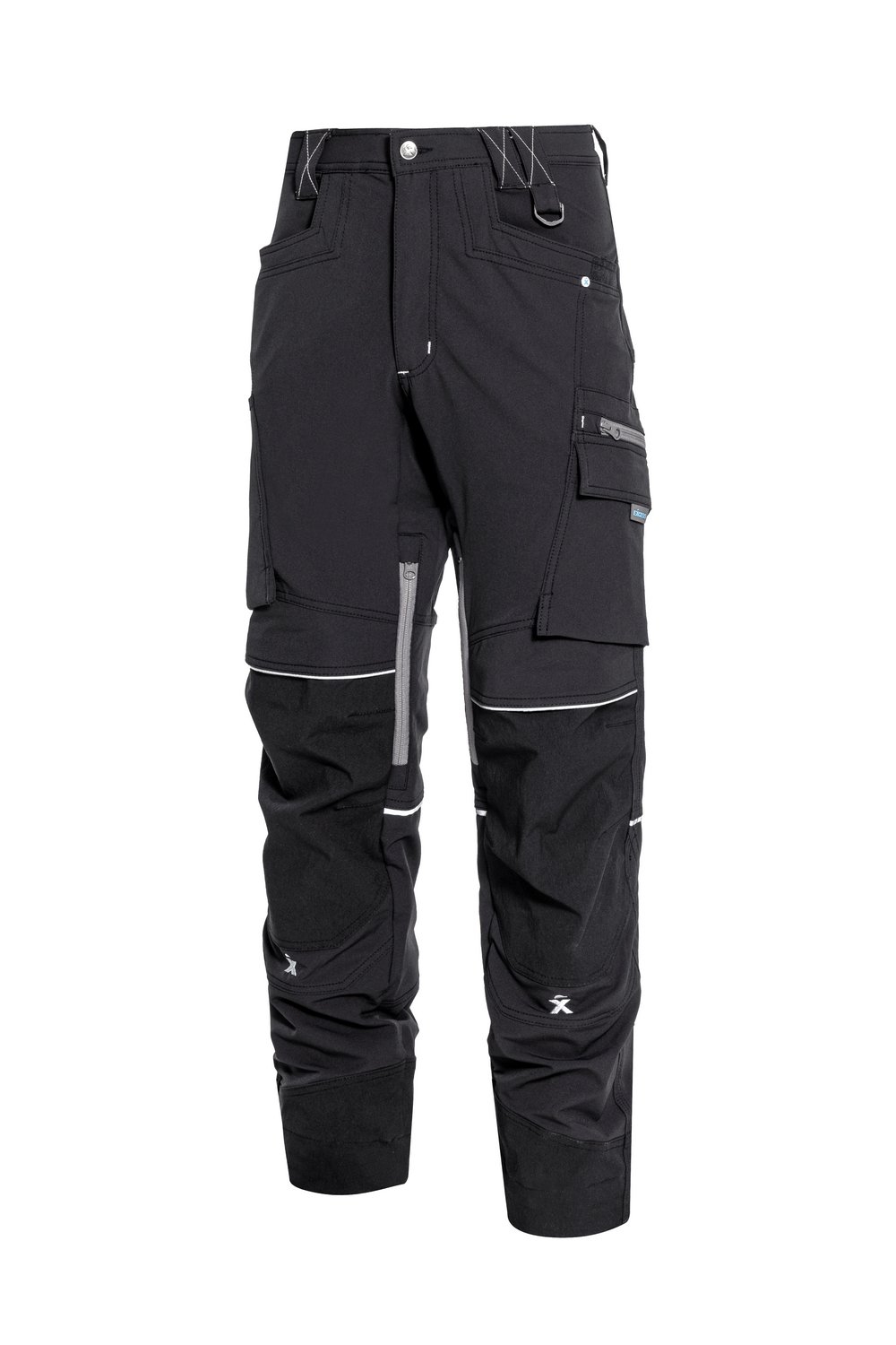 Schwarze Stretch-Arbeitshose mit verstärkten Knien, Cargotaschen und Reflektorstreifen – robuste Arbeitshose für Handwerk und Bau.