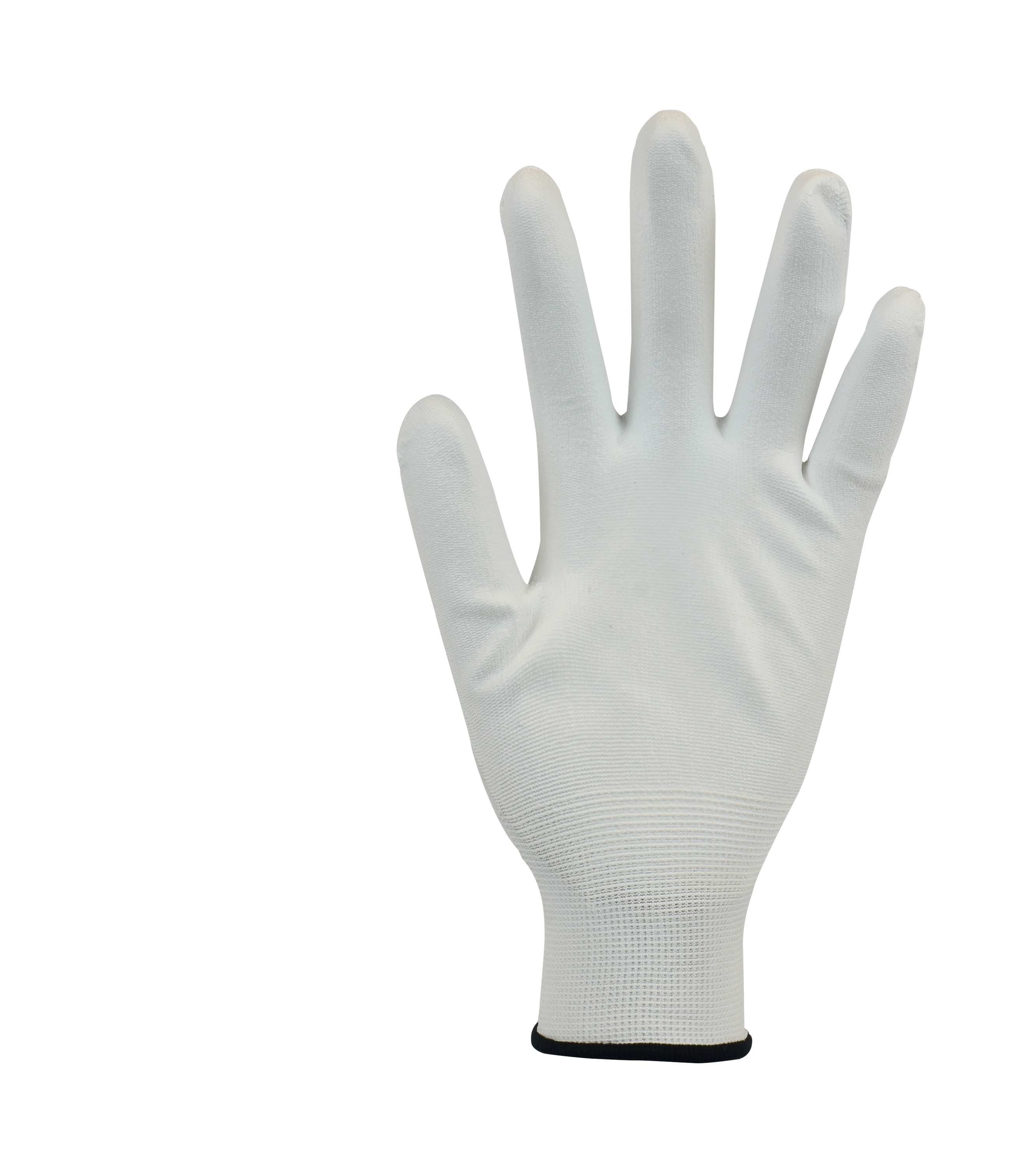 Weißer Arbeitshandschuh Größe L mit 13-Gauge Polyesterliner und PU-Antirutschbeschichtung auf der Handfläche, unbeschichteter Rücken.