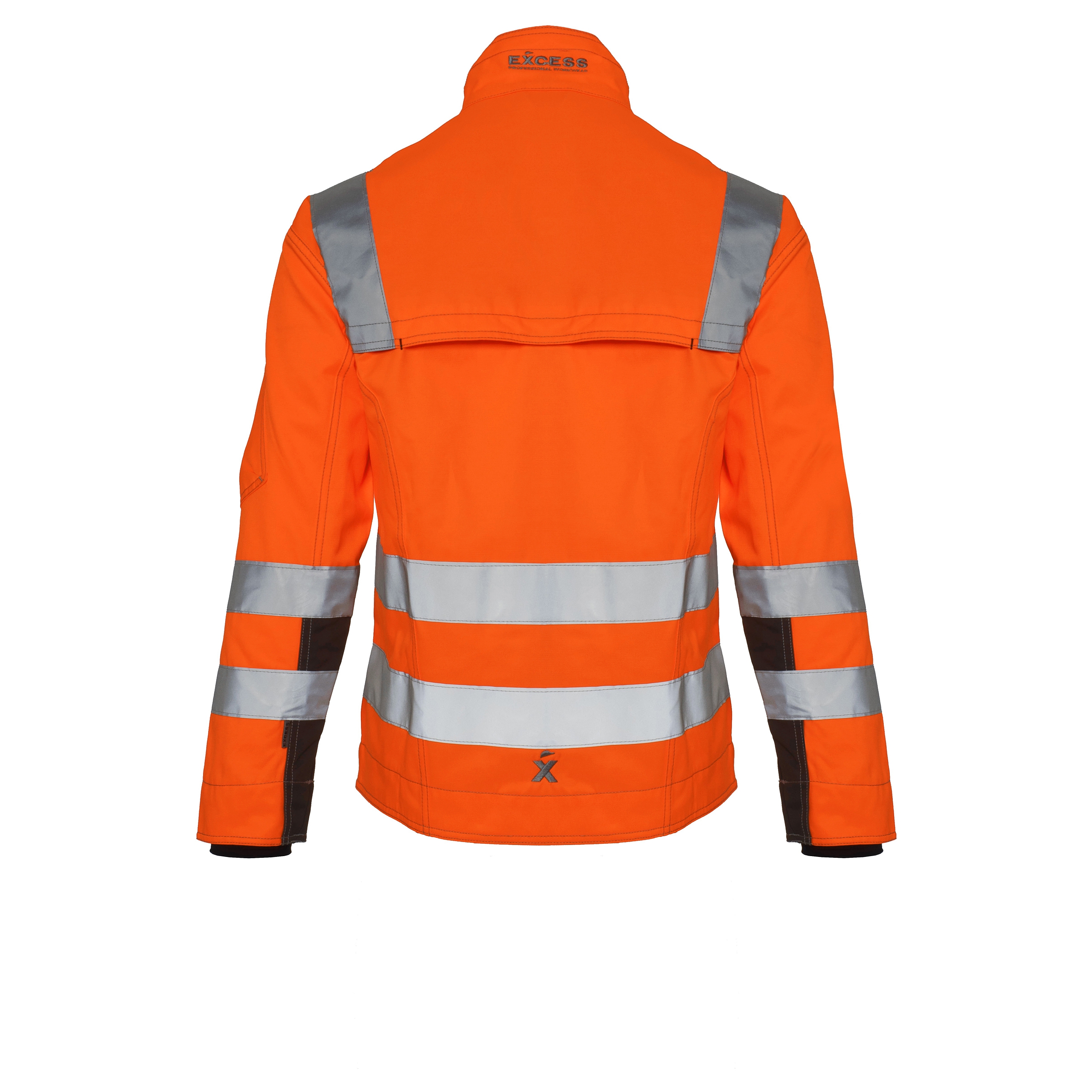Rückansicht einer leuchtend orangefarbenen Warnschutzjacke mit silbernen Reflexstreifen, Stehkragen und schwarzen Besätzen.