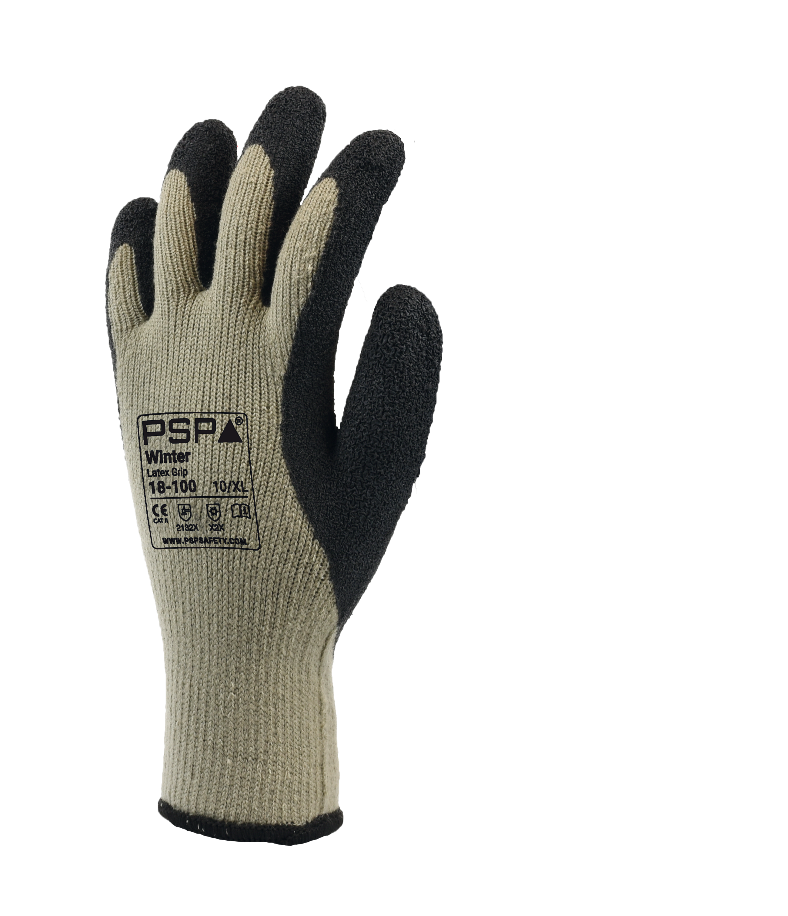 PSP 18-100 Winter-Arbeitshandschuh mit grauem Acrylfutter und schwarzer Latexbeschichtung für sicheren Halt und Kälteschutz.