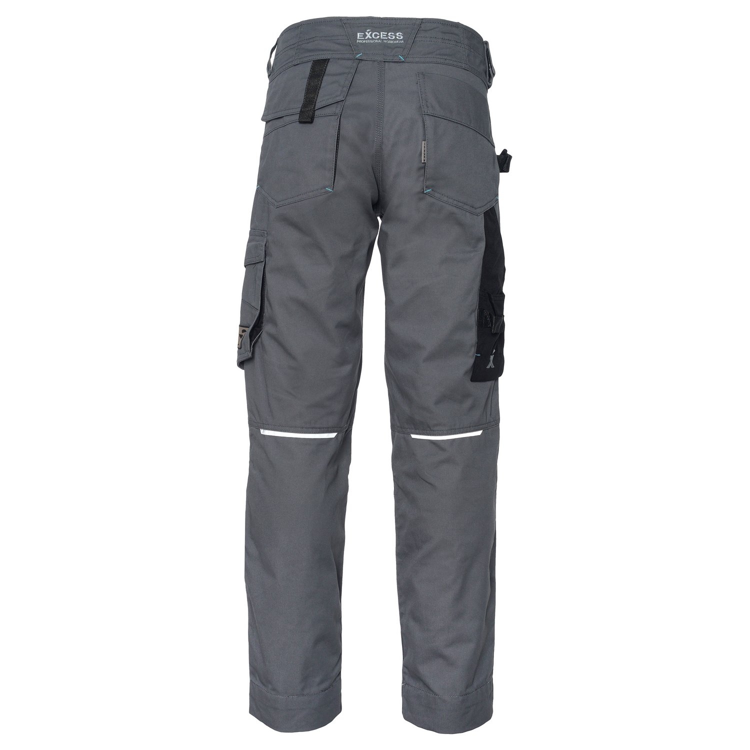 Rückansicht einer grauen Arbeitshose mit schwarzen Knieschonern und Cargotaschen – strapazierfähige Handwerkerhose für Bau und Montage