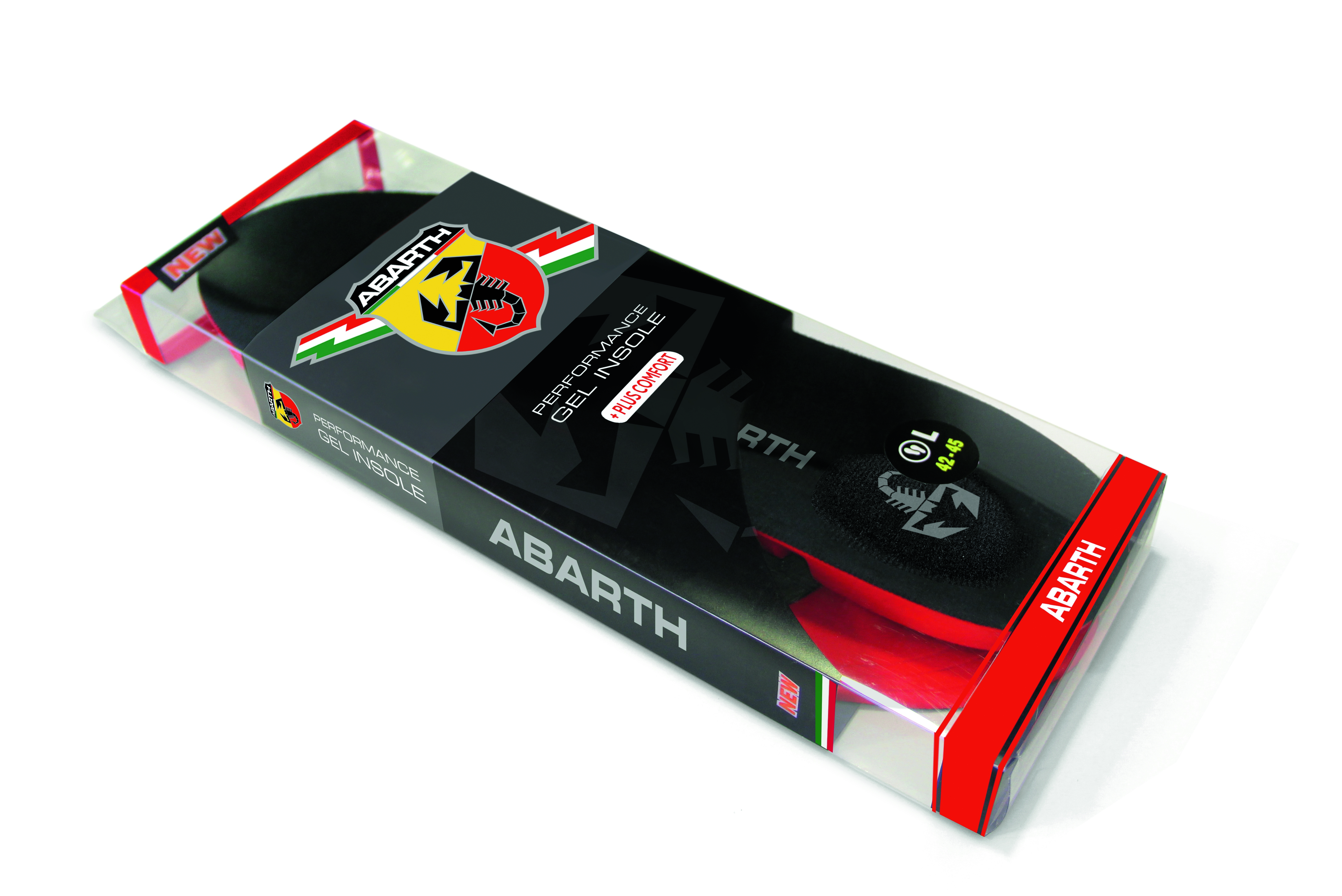 Schwarze Einlegesohlen mit rotem Fersenbereich, weißem Skorpion-Logo und Abarth-Verpackung im italienischen Design.