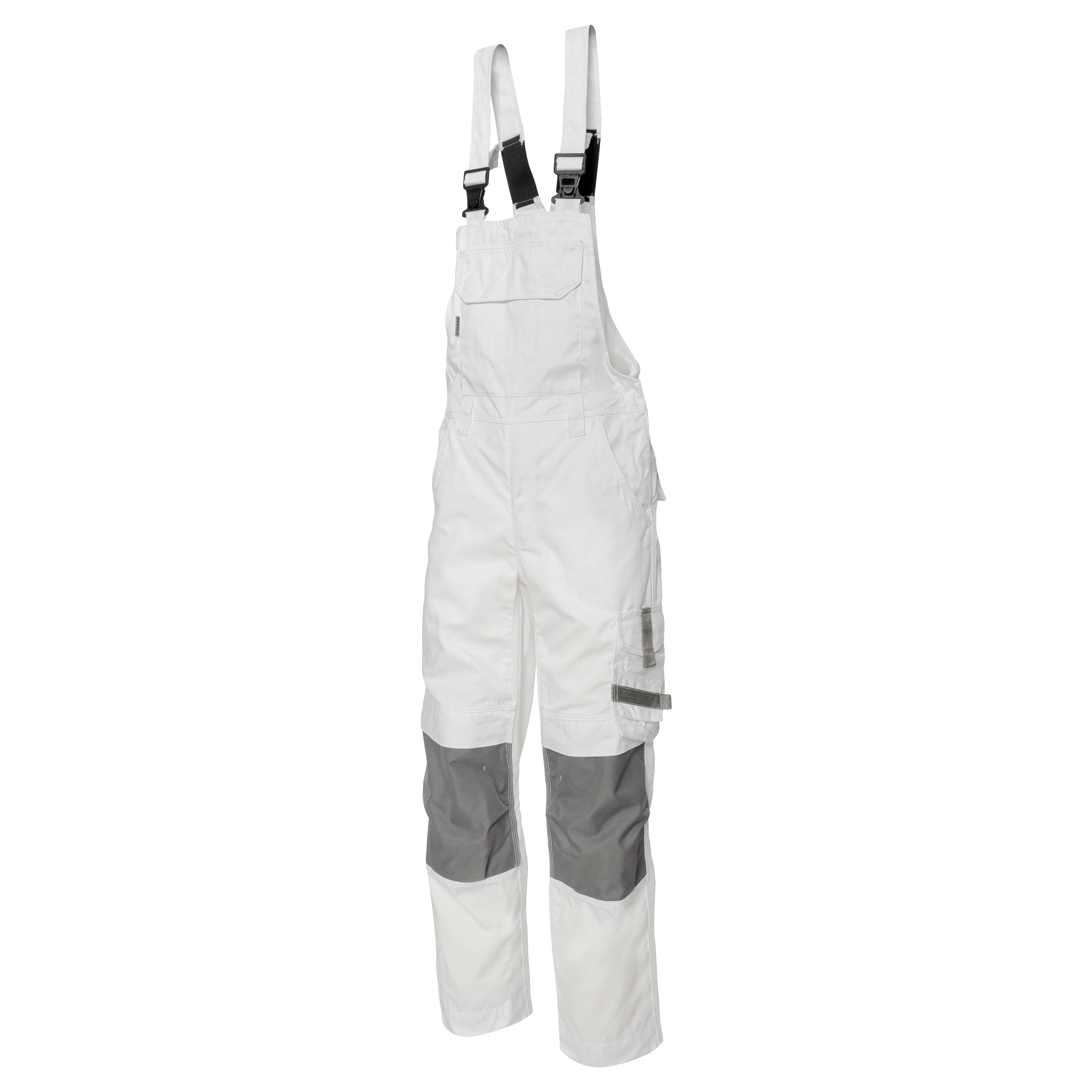 Weiße Latzhose mit grauen Knieverstärkungen und praktischen Taschen – strapazierfähige Arbeitslatzhose für Maler und Handwerker.