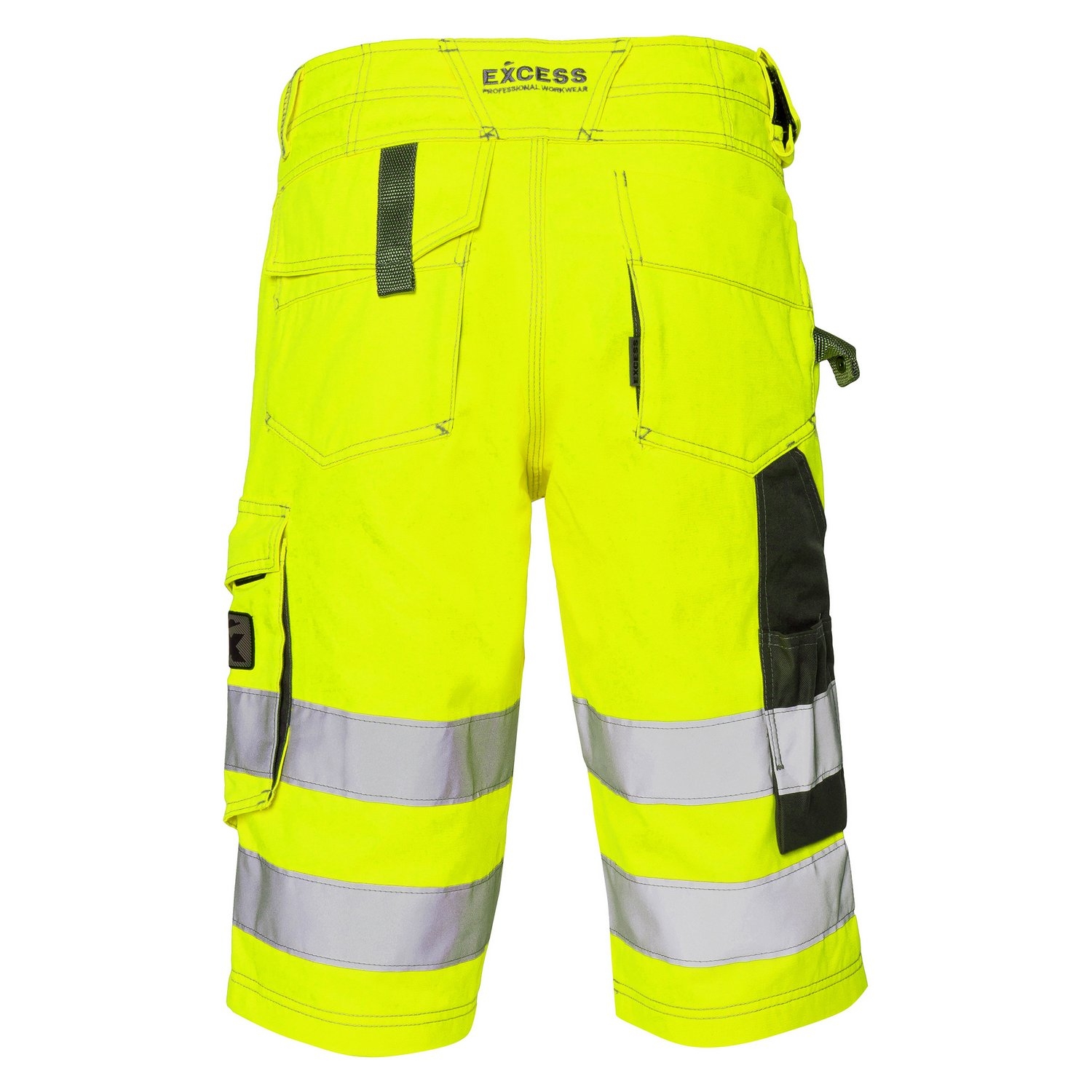 Gelbe Bermuda-Arbeitshose mit silbernen Reflexstreifen, Gürtelschlaufen und praktischen Seitentaschen.