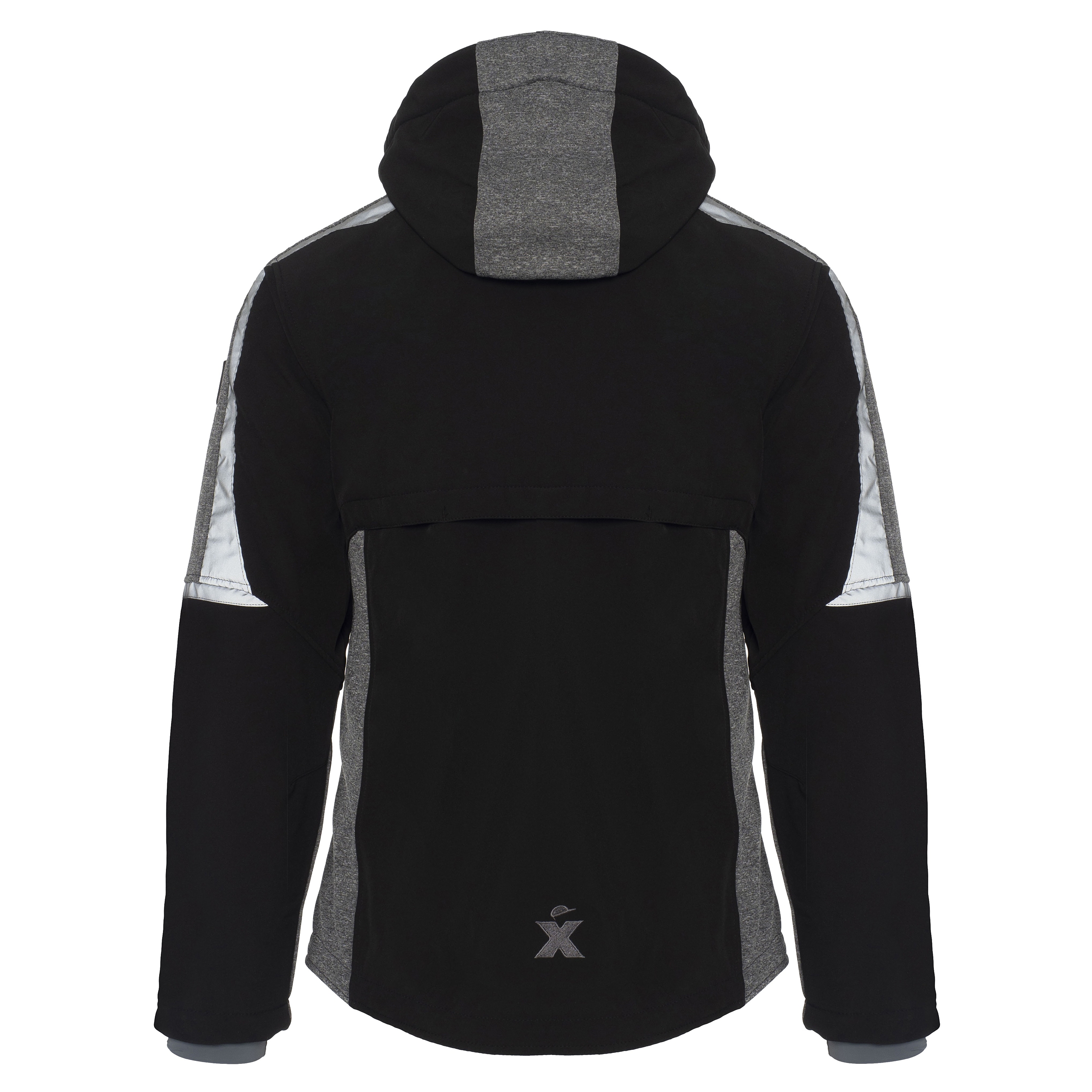 Excess Workwear Softshelljacke in Schwarz mit grauen Einsätzen, Rückansicht mit Kapuze und Logo, atmungsaktiv und modern.