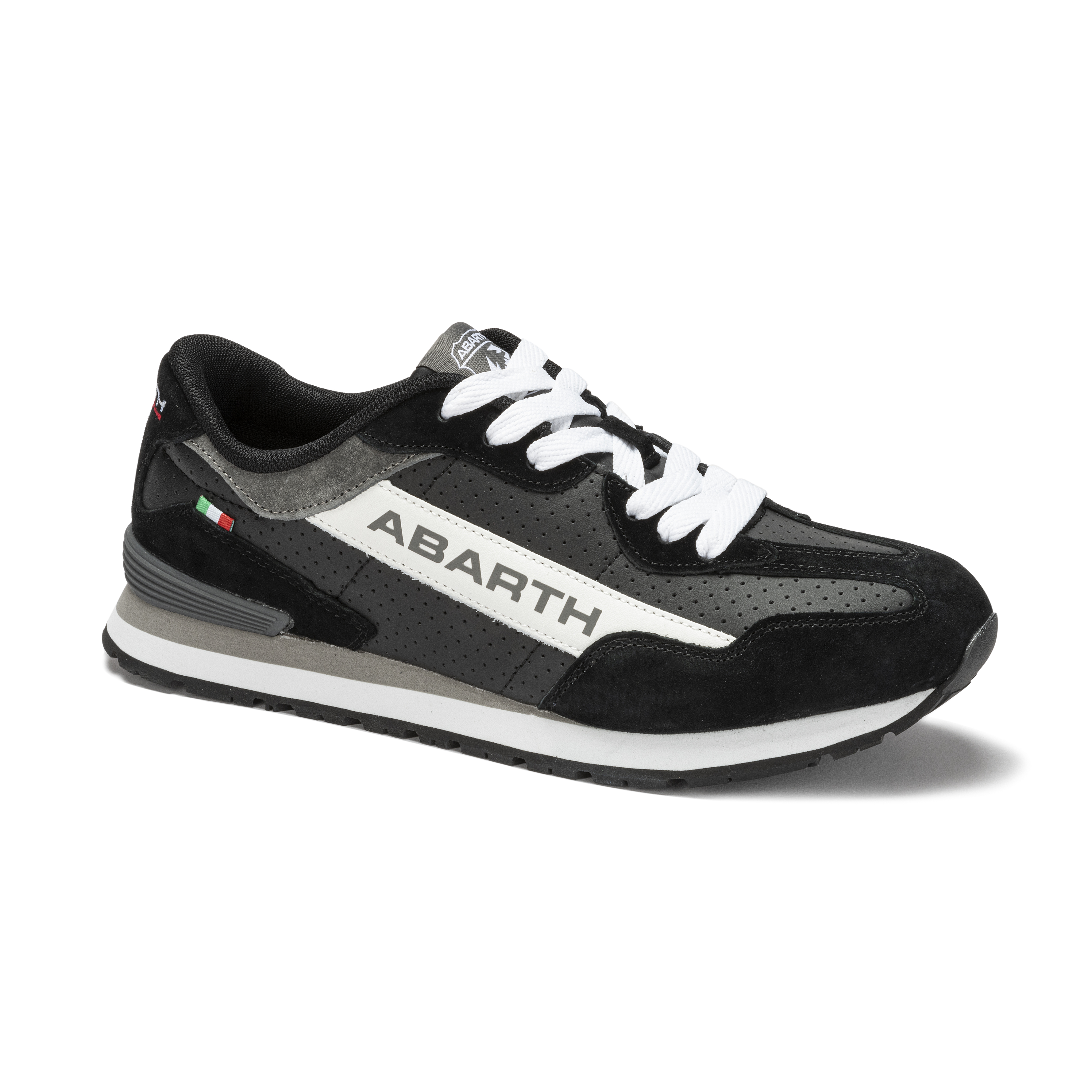 ABARTH Sneaker schwarz aus Veloursleder mit weißer Schnürung und Logo – sportlicher Freizeitschuh mit Komfortsohle.