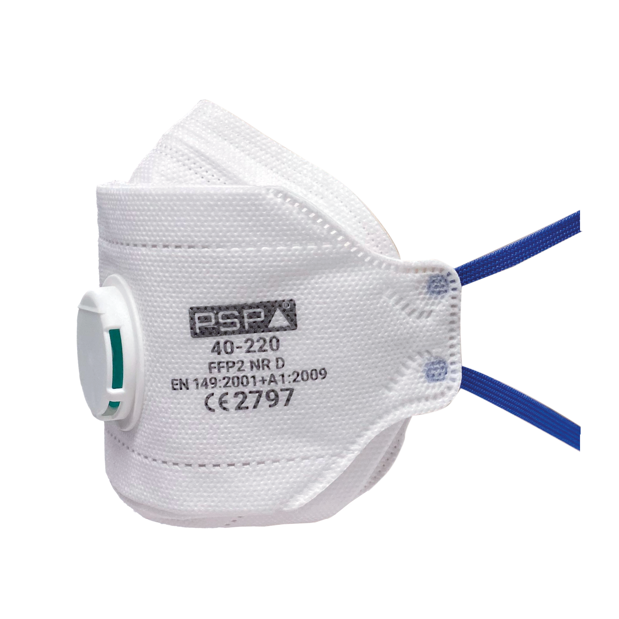 FFP2 Atemschutzmaske mit Ventil, weiß, faltbar, latexfreie elastische Bänder und Schaumstoffrand – für Einmalgebrauch.