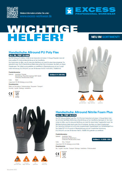Produktseite der Marke Excess Professional Workwear mit dem Titel „Wichtige Helfer!“. Gezeigt werden zwei Modelle von Arbeitshandschuhen mit Beschreibungen, technischen Daten und CE-Zertifikaten.