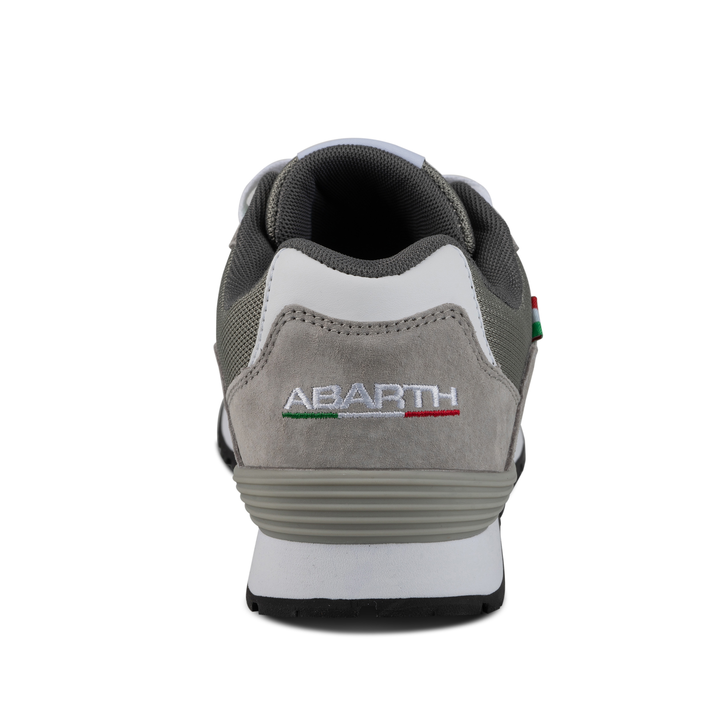 Rückansicht eines grauen ABARTH Arbeitsschuhs mit Logo.