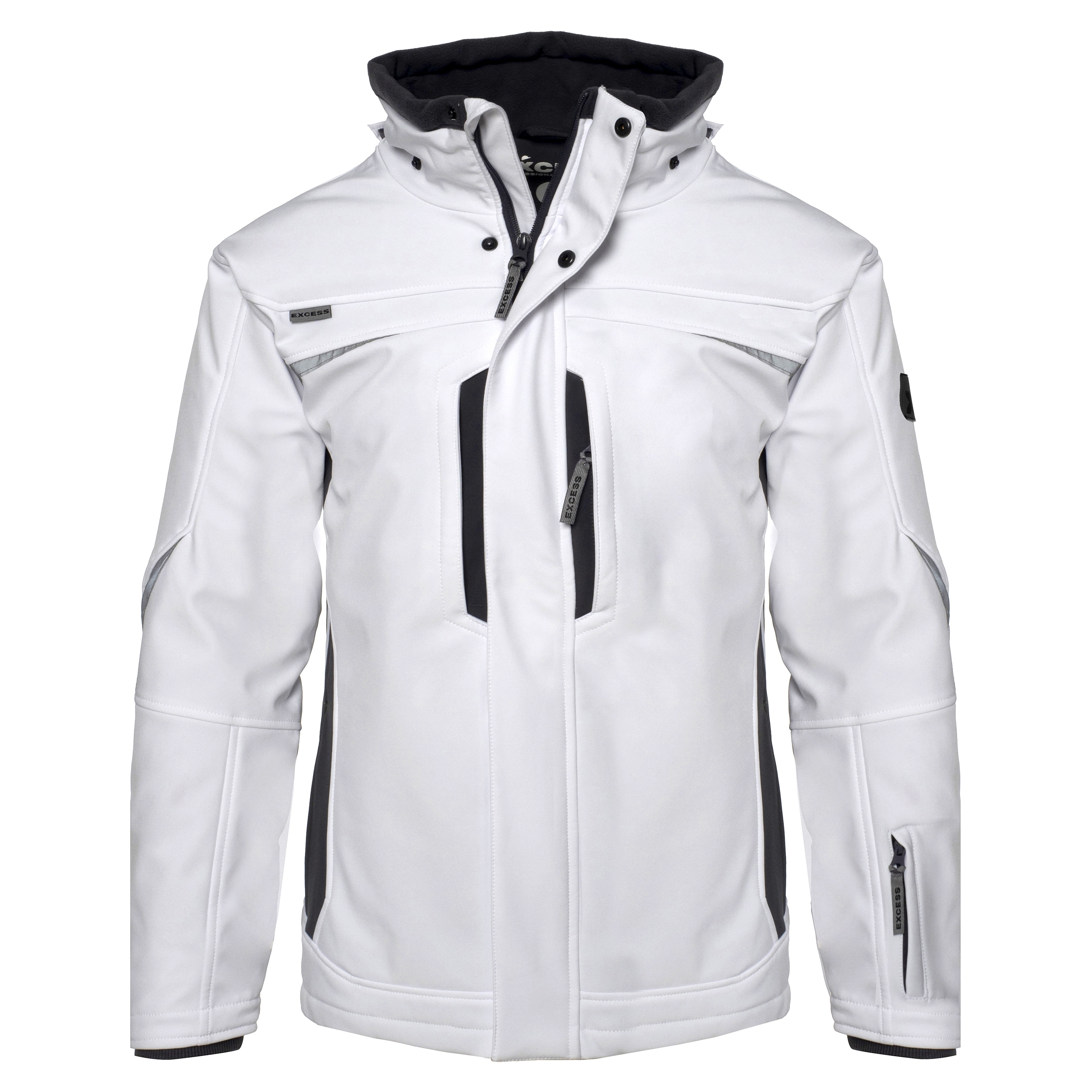 Excess Workwear Softshelljacke in Weiß mit Kapuze, schwarzen Einsätzen, Reflexdetails und Reißverschlusstaschen.