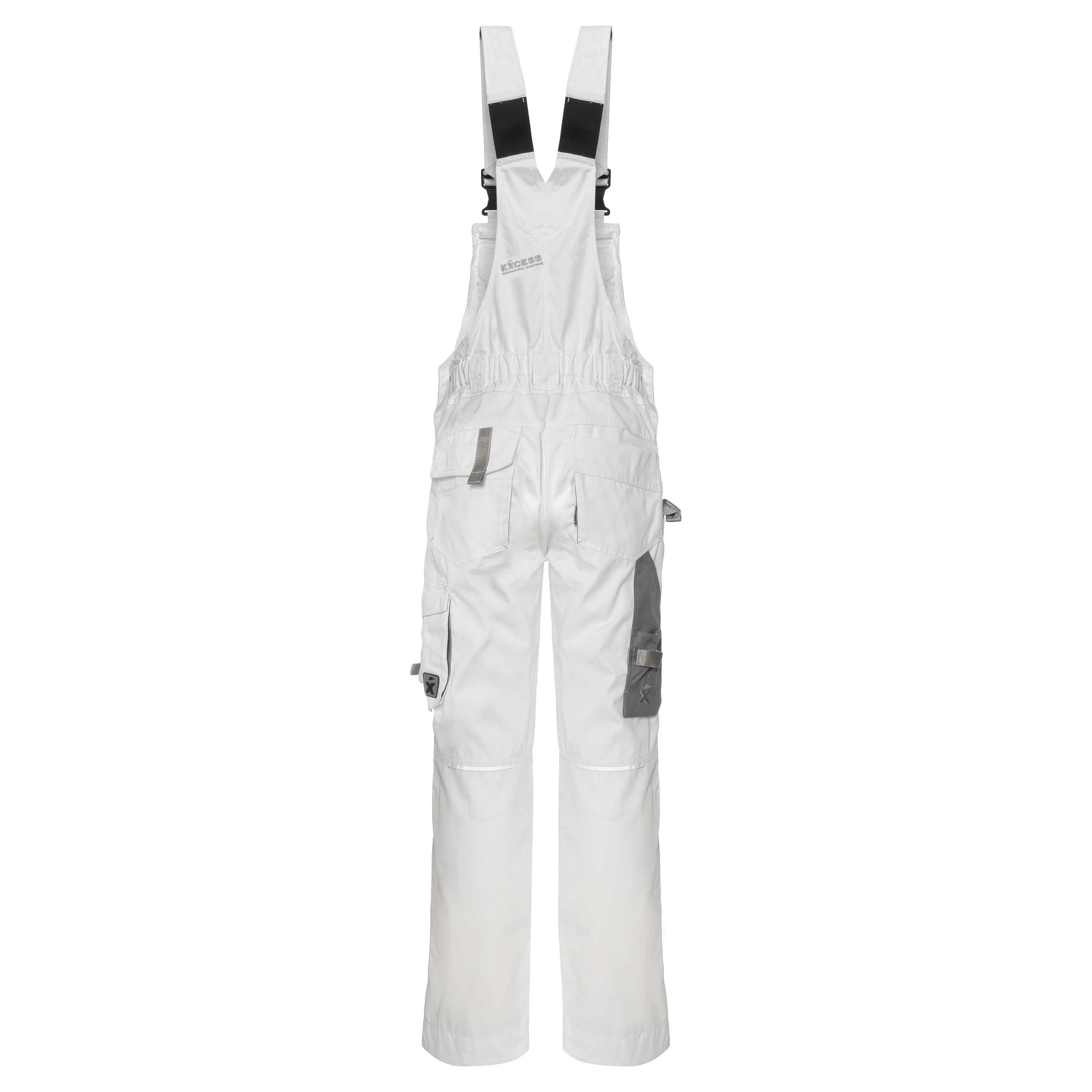 Weiße Latzhose mit Brusttasche und praktischen Cargotaschen – robuste Arbeitslatzhose für Handwerker und Gartenbau.