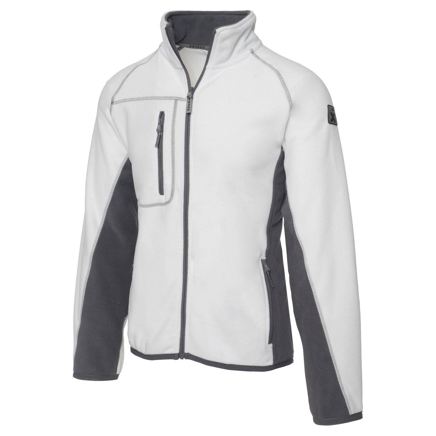 Excess Workwear Fleecejacke in Weiß mit grauen Einsätzen, Reißverschluss, Brusttasche und sportlichem Schnitt.