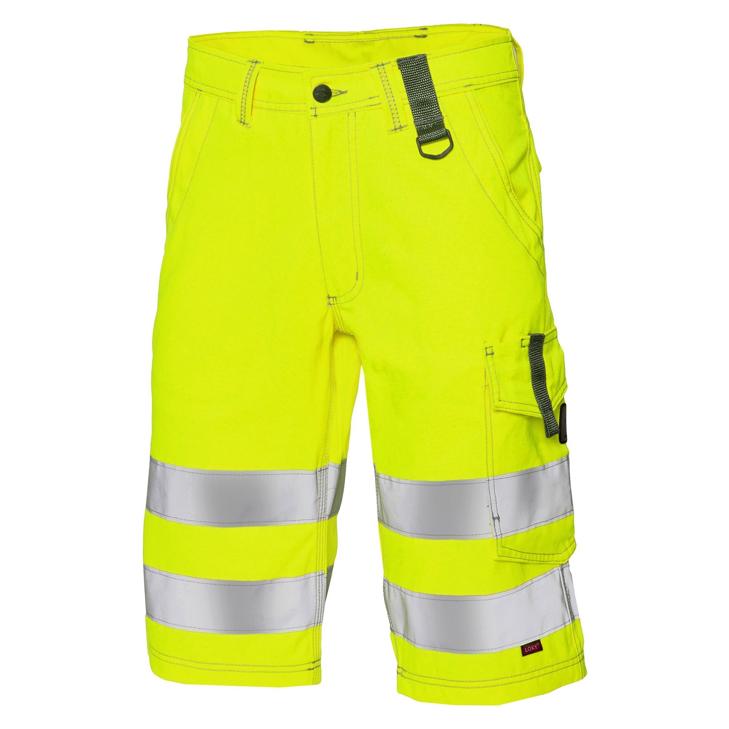 Gelbe Bermuda-Arbeitshose mit silbernen Reflexstreifen, Seitentaschen, Gürtel und weißen Sicherheitsschuhen.